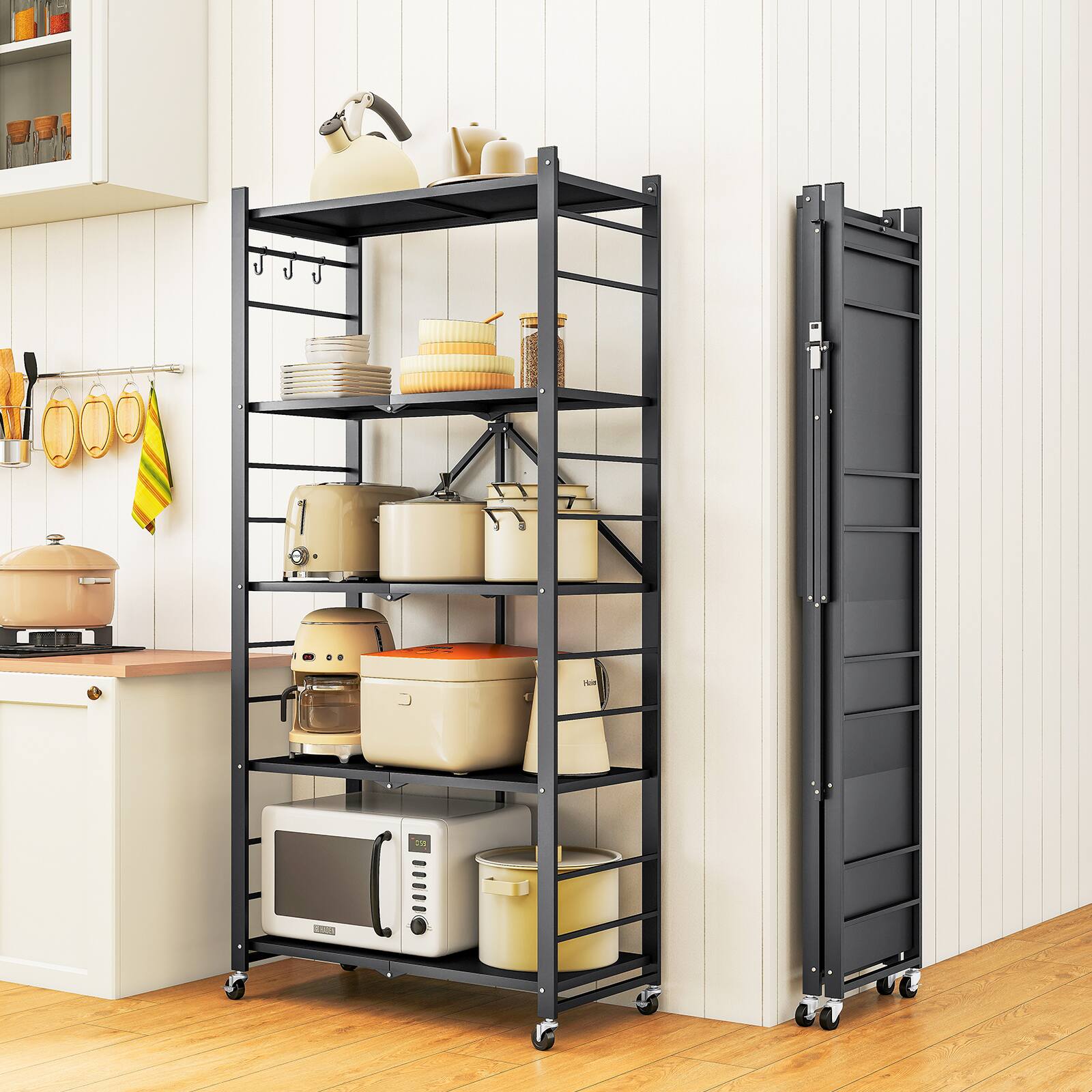 Angle. Sugift - 5-Tier Foldable Storage Shelves, Metal Storage Rack with Wheels and Hooks - Black.