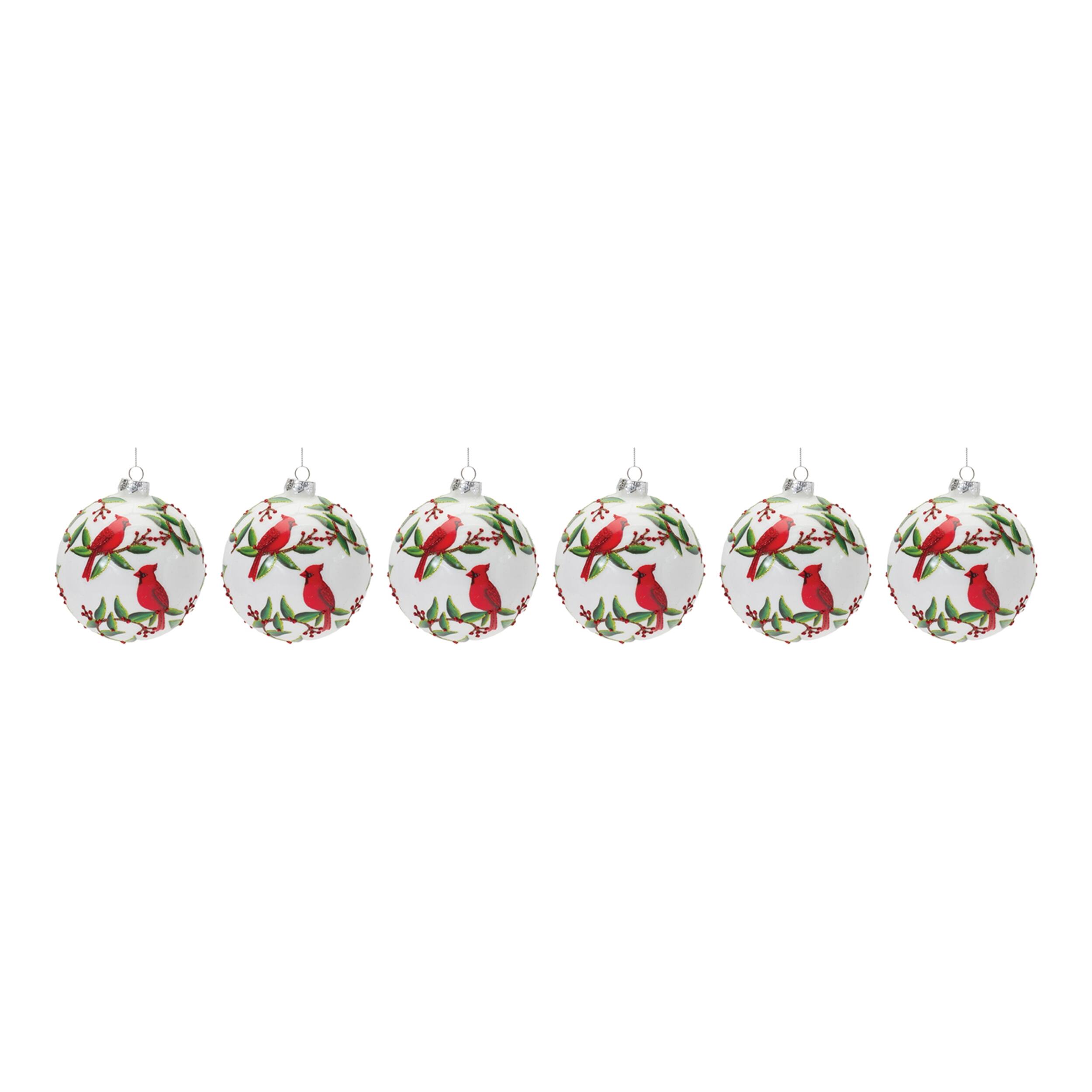 Left. BreeBe - Cardinal Bird Ball Ornament (Set of 6) - Green, White, Red.