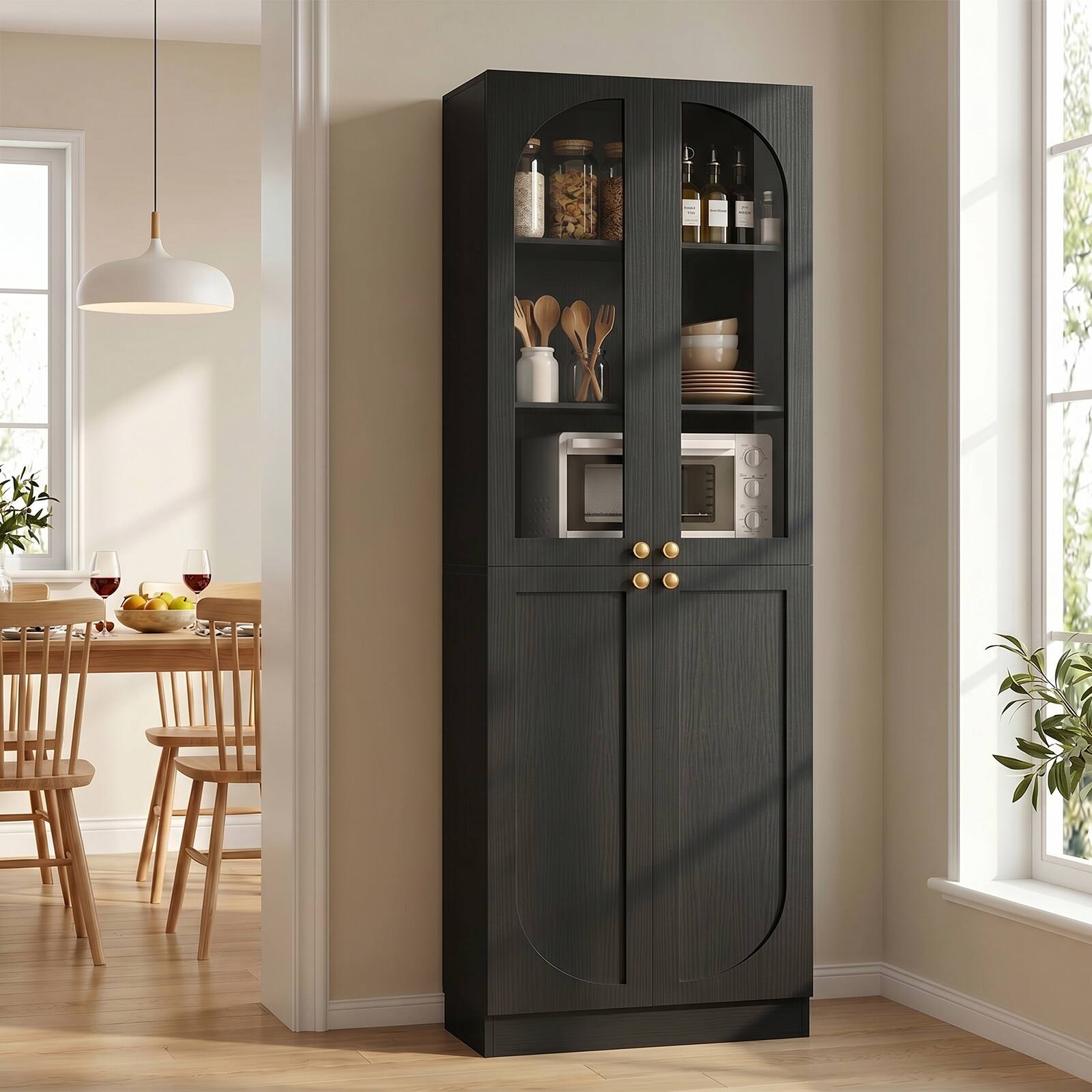 Alt View 1. Aheaplus - 80'' Tall Bathroom Storage Cabinet, 6-Tier Linen Cabinet with Glass Doors and Adjustable Shelves - Black.