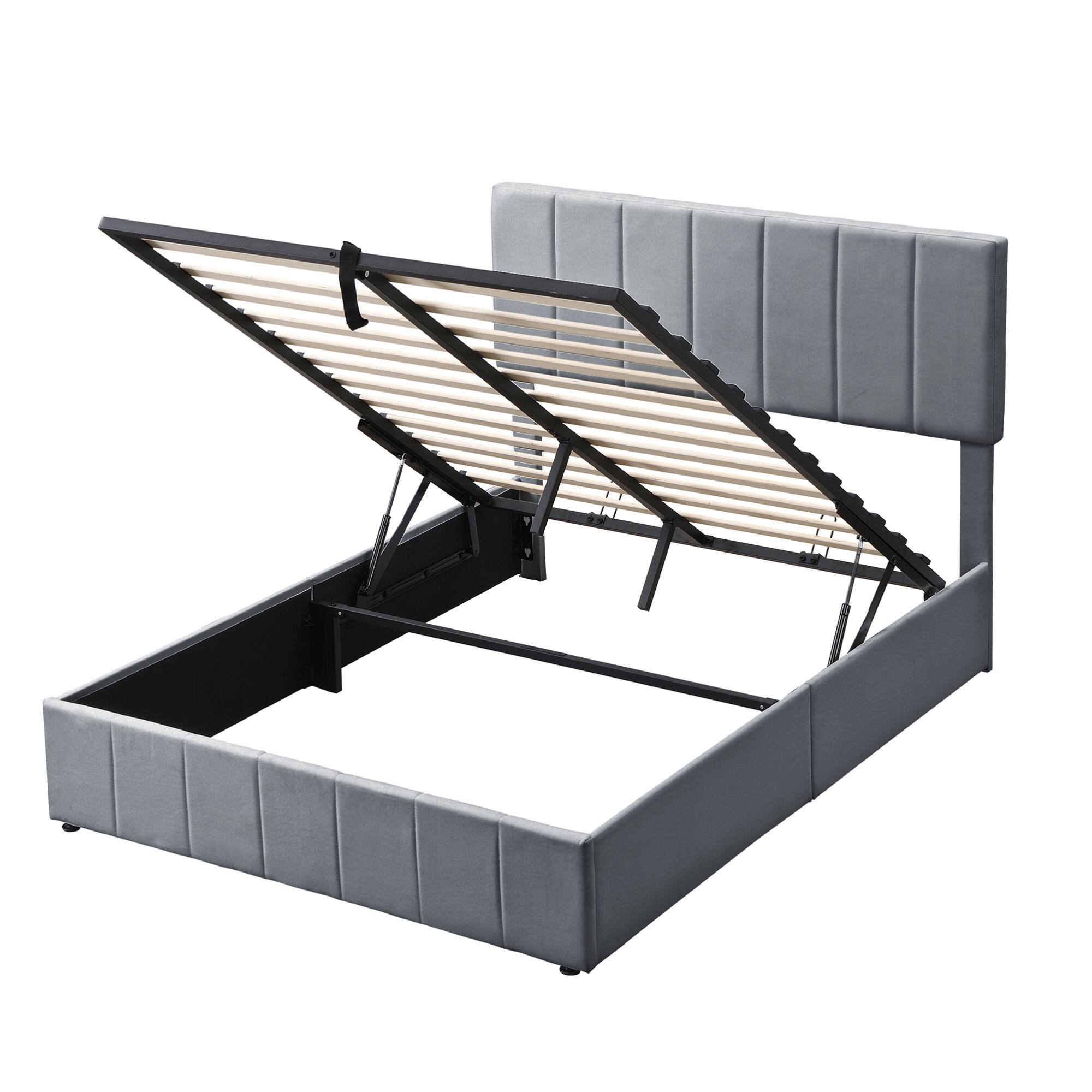 Alt View 2. GOODSILO - Full Size Upholstered Platform Bed with Hydraulic Storage System and Wooden Slat Support - Gray.