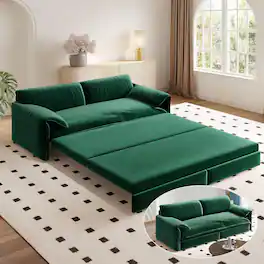 Trinkets Crazed - 66" Queen Size Sofa Bed, 3 in 1 Convertible Pull Out Sleeper Sofa with Thicked Cushions and Side Storage - Green