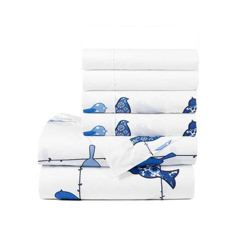 Front. SlickBlue - Floral Birds on Wire 6 Piece Soft Polyester Bed Sheet Set for Bedroom - White, Blue.