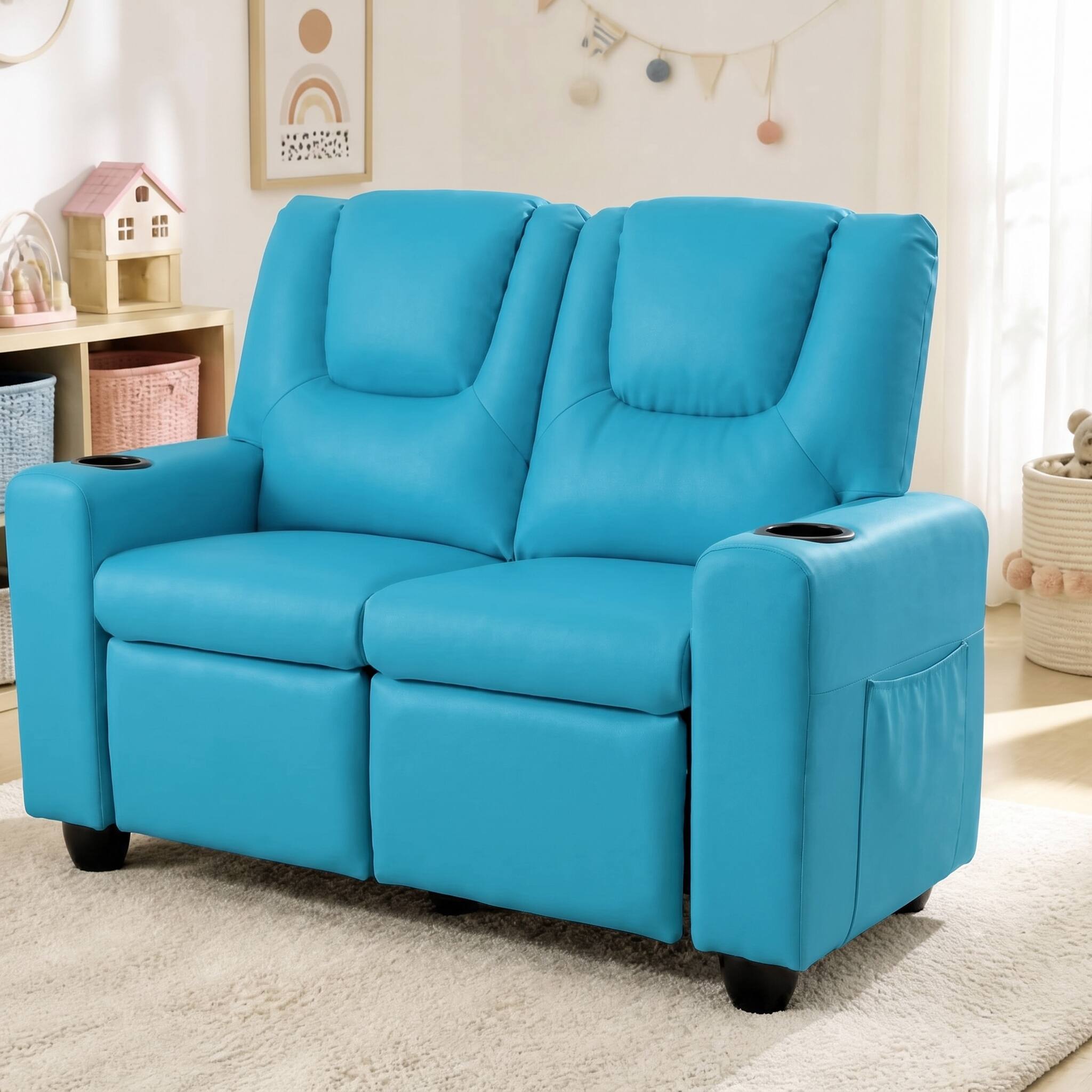 Alt View 1. Costway - Costway 2-Seater Kids Recliner with Cup Holders Side Storage Pockets Adjustable Backrest - Blue.