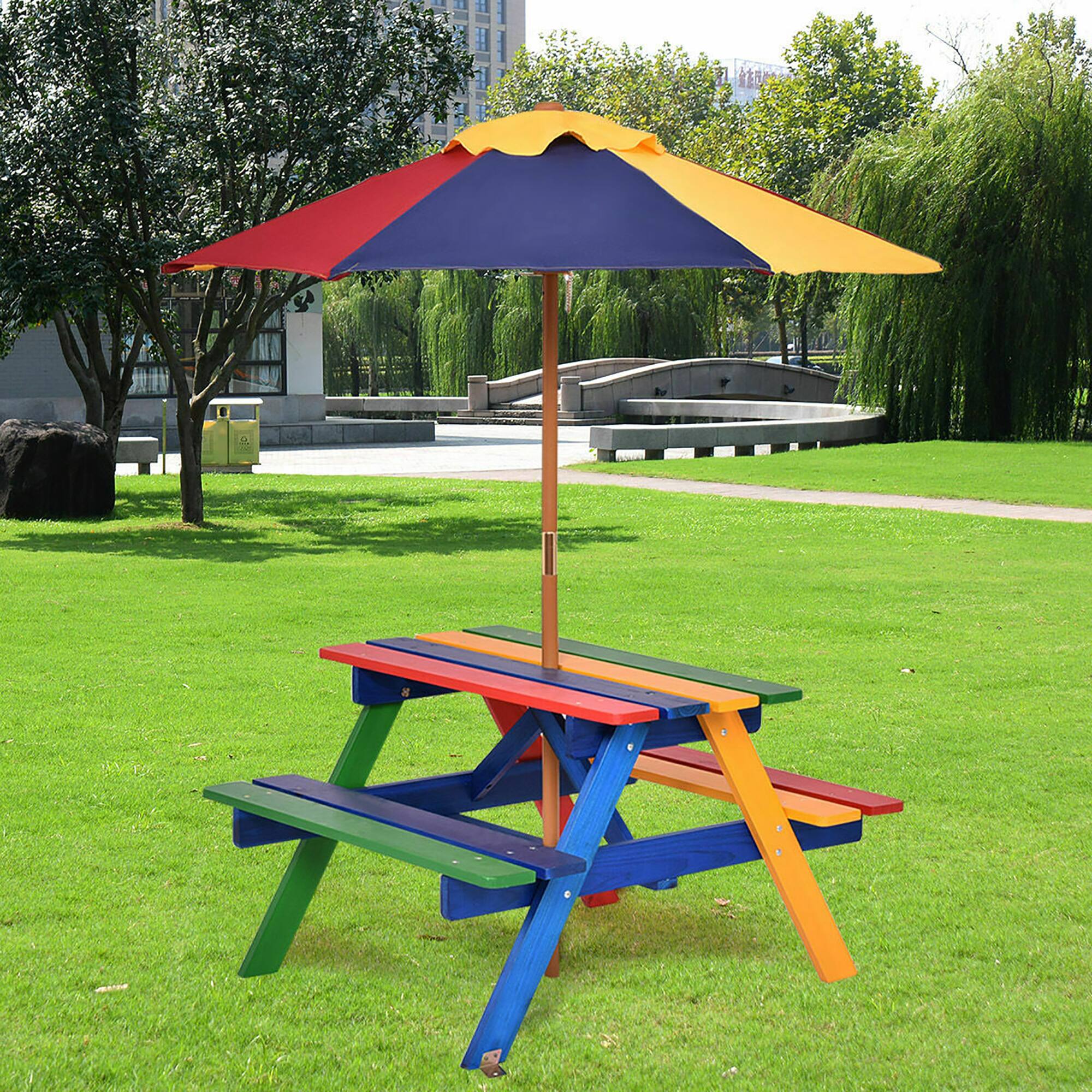 Alt View 1. Costway - Costway 4 Seat Kids Picnic Table w/Umbrella Garden Yard Folding Children Bench Outdoor - Multicolor.