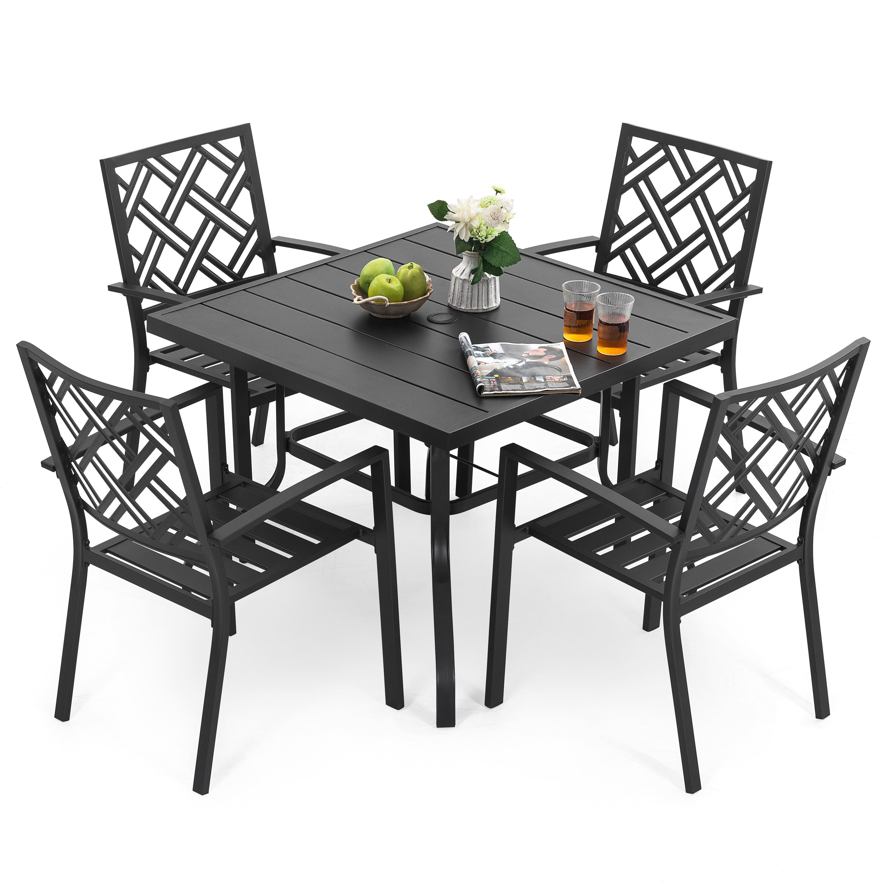 Nuu Garden - 5-Piece Metal Square Outdoor Dining Set, 37 Inch Square Table with 1.6'' Umbrella Hole and 4 Stackable Chairs - Black