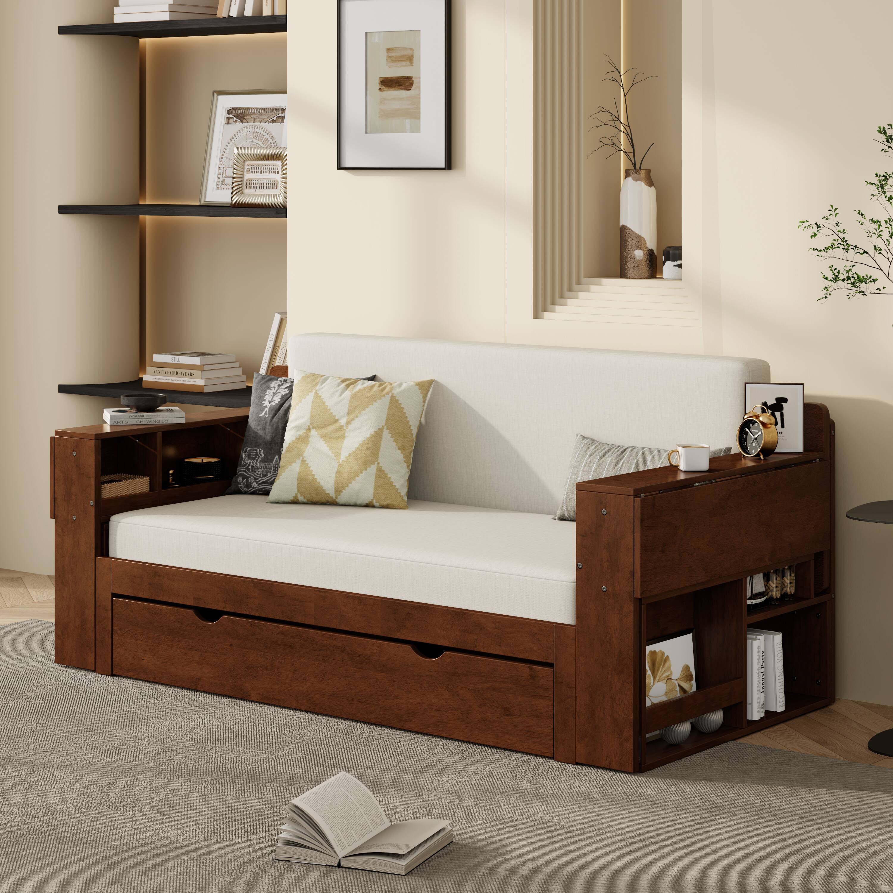Anysun - Full Size Daybed with Removable Desk, Storage Drawers & Hydraulic Side Table - Espresso