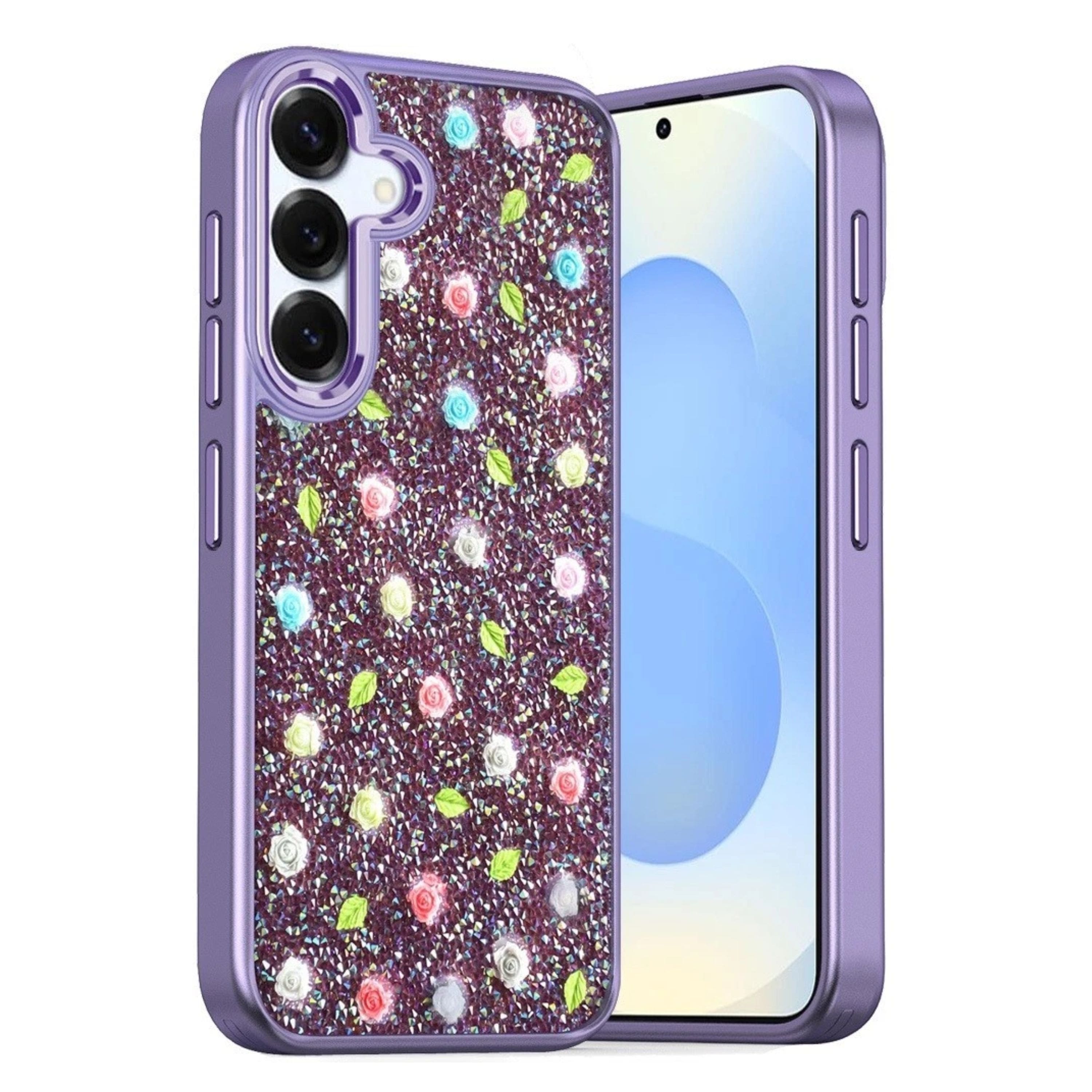 Kitcheniva - Tiny Rose Glitter Design Phone Case With Tempered Glass For Samsung Galaxy S25+/S24+ - Purple price history on PriceWatchPro