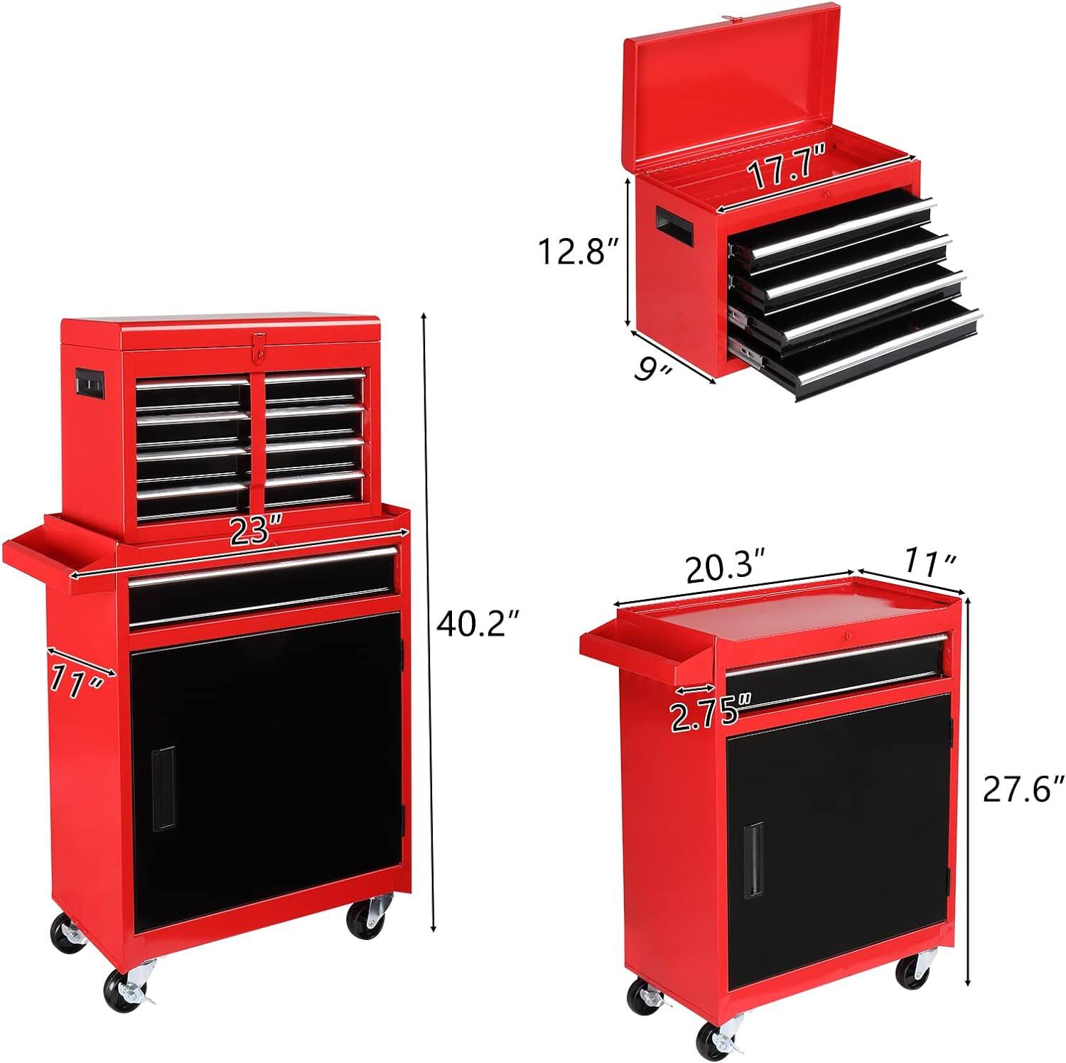 - Height: 40.2"
- Width: 23"
- Depth: 11"
- Drawer Height: 2.75"
- Top Drawer Height: 11"
- Top Drawer Width: 20.3"
- Top Drawer Depth: 11"
- Side Drawer Height: 17.7"
- Side Drawer Width: 12.8"
- Side Drawer Depth: 9"