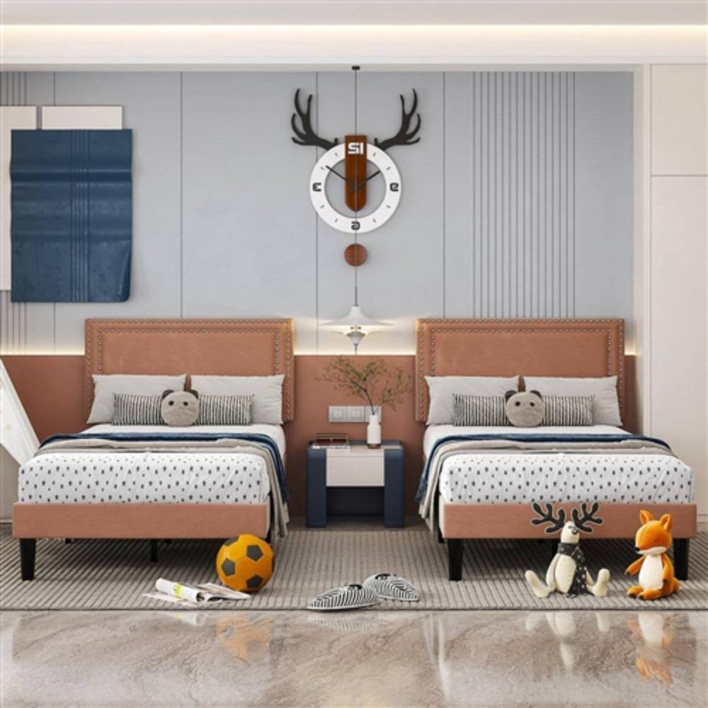 Angle. Hivvago - Set of 2 - Twin size Brown Tan Tufted Upholstered Platform Bed with Headboard - Brown.