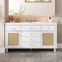 Boyel Living - 60 Inch Bathroom Vanity with SMC Sink Large Storage Cabinet Soft Close Drawers Rattan Doors Silver Knobs - White
