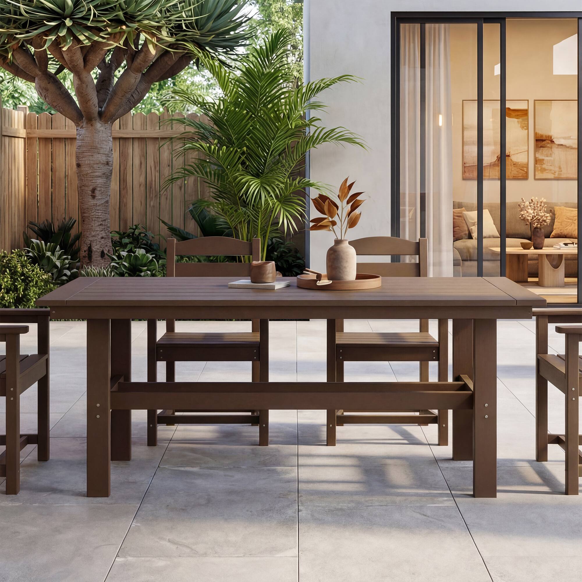 Left. Famapy - HDPE Outdoor Dining Table with Umbrella Hole & Cap-Solid Panel Patio Table for 8 People Weatherproof & Low Maintenance - Dark Brown.