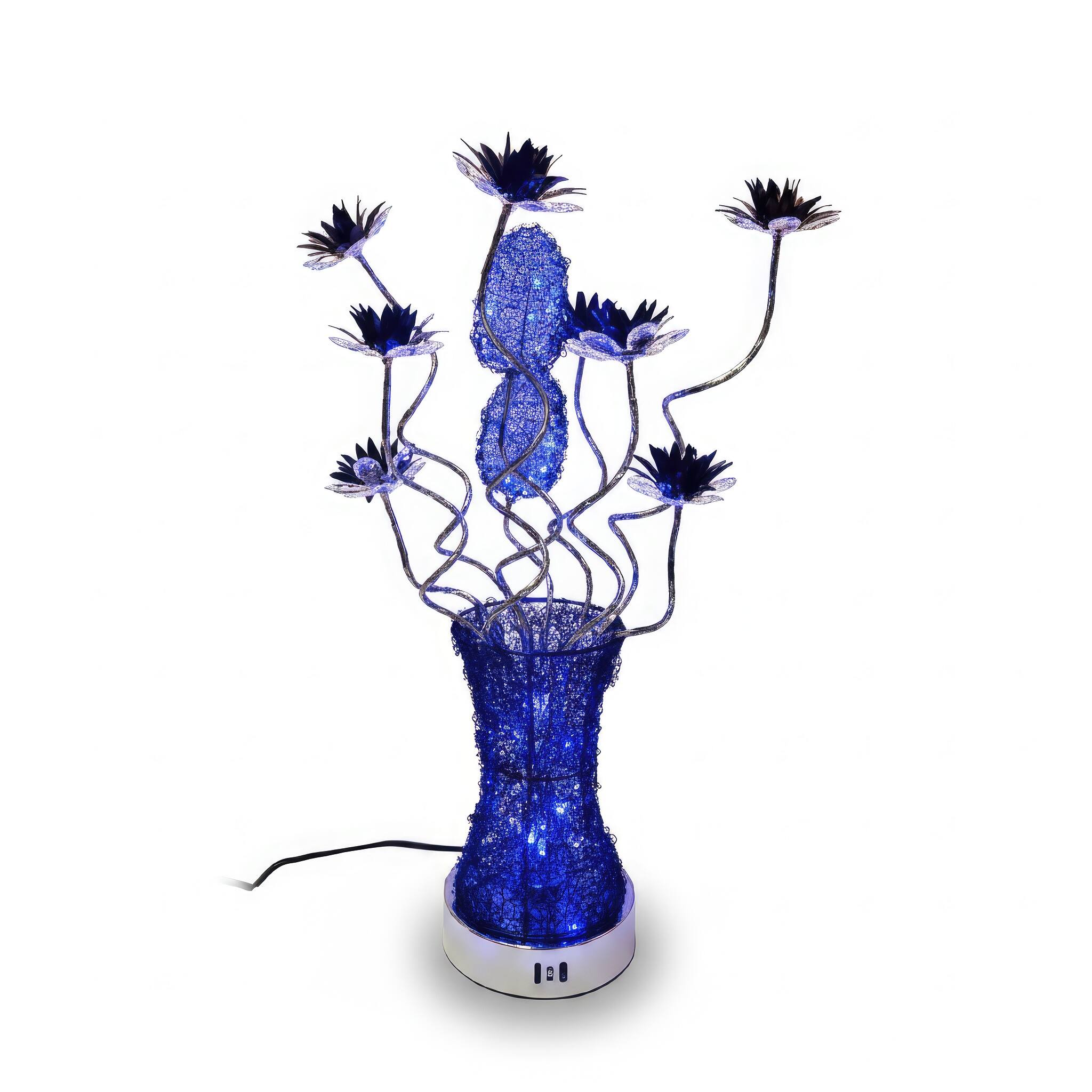 Angle. FC Design - 24"H Black Textured Vase & Floral Stem Blue Changing Light Table Lamp.