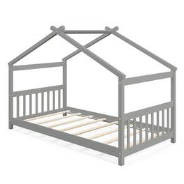 Pefilos - Twin Size Wooden House Bed Frames with Roof, Modern Platform Floor Bed Frames for Teens - Gray