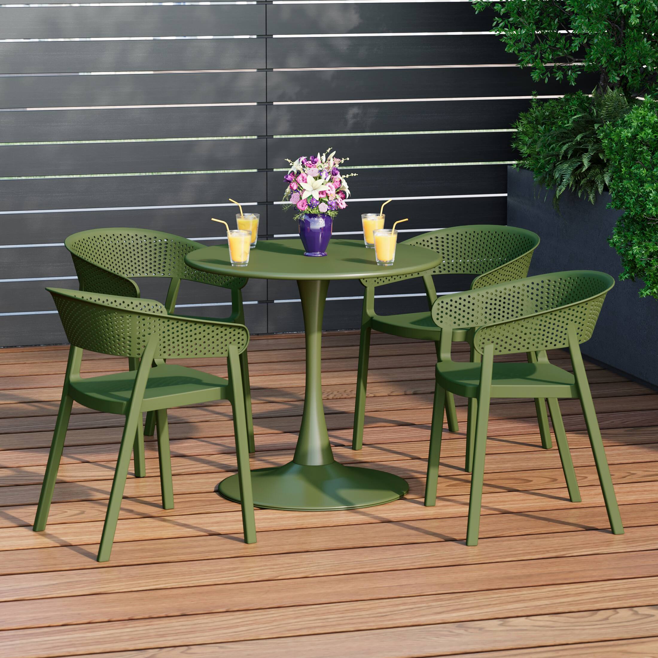 Angle. WestinTrends - WestinTrends Playa 5-Piece Indoor Outdoor Metal Patio Dining Table Set With Stackable Patio Chairs - Olive Green.