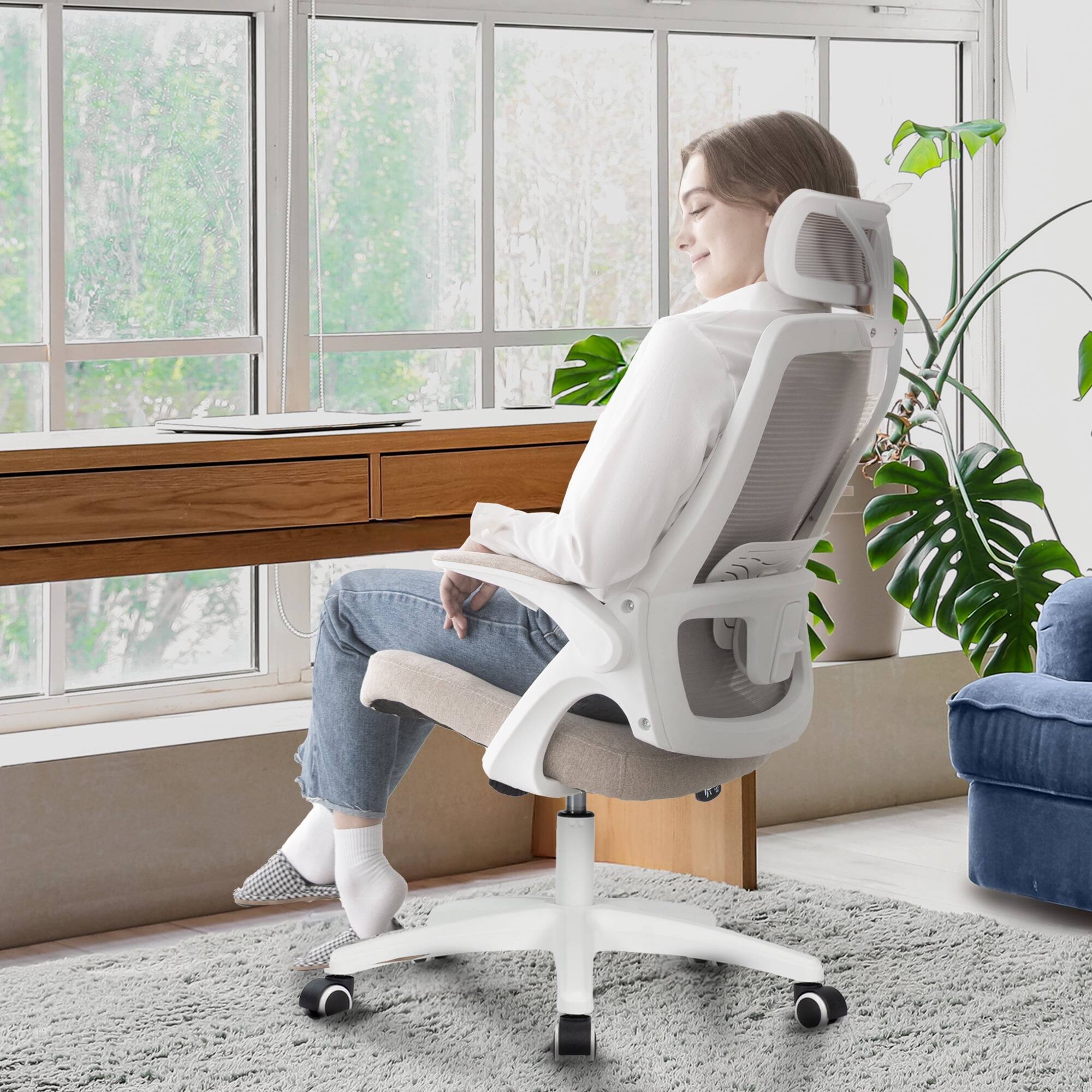 Alt View 1. Neo Chair - Office Desk Chair Computer High Back Support Mesh Comfy Adjustable Ergonomic Headrest Lumbar Rolling Flip-up Armrests - Plastic Base-Beige.