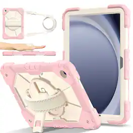 Dteck - for Samsung Galaxy Tab A11+ Kickstand 360° Rotating Handstrap Shockproof Rugged Hybrid Case+Shoulder Strap - Rosegold