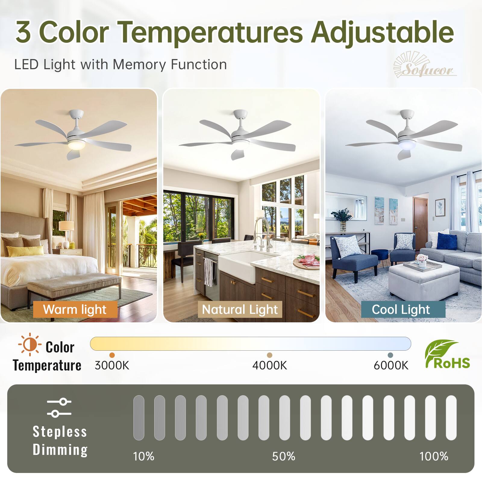 3 Color Temperatures Adjustable LED Light with Memory Function

- Warm light
- Natural Light
- Cool Light

Color Temperature: 3000K, 4000K, 6000K

Stepless Dimming: 10%, 50%, 100%

RoHS