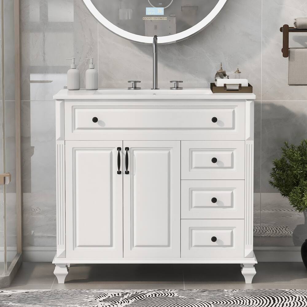 Loheer - 36 inch bathroom vanity with sink, solid wood bathroom cabinet, 3 drawers 2 doors - White