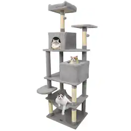 Costway - 70" Cat Tree for Indoor Cats with Padded Top Perch, Dual Condos, Hammock, Platforms - Light Gray