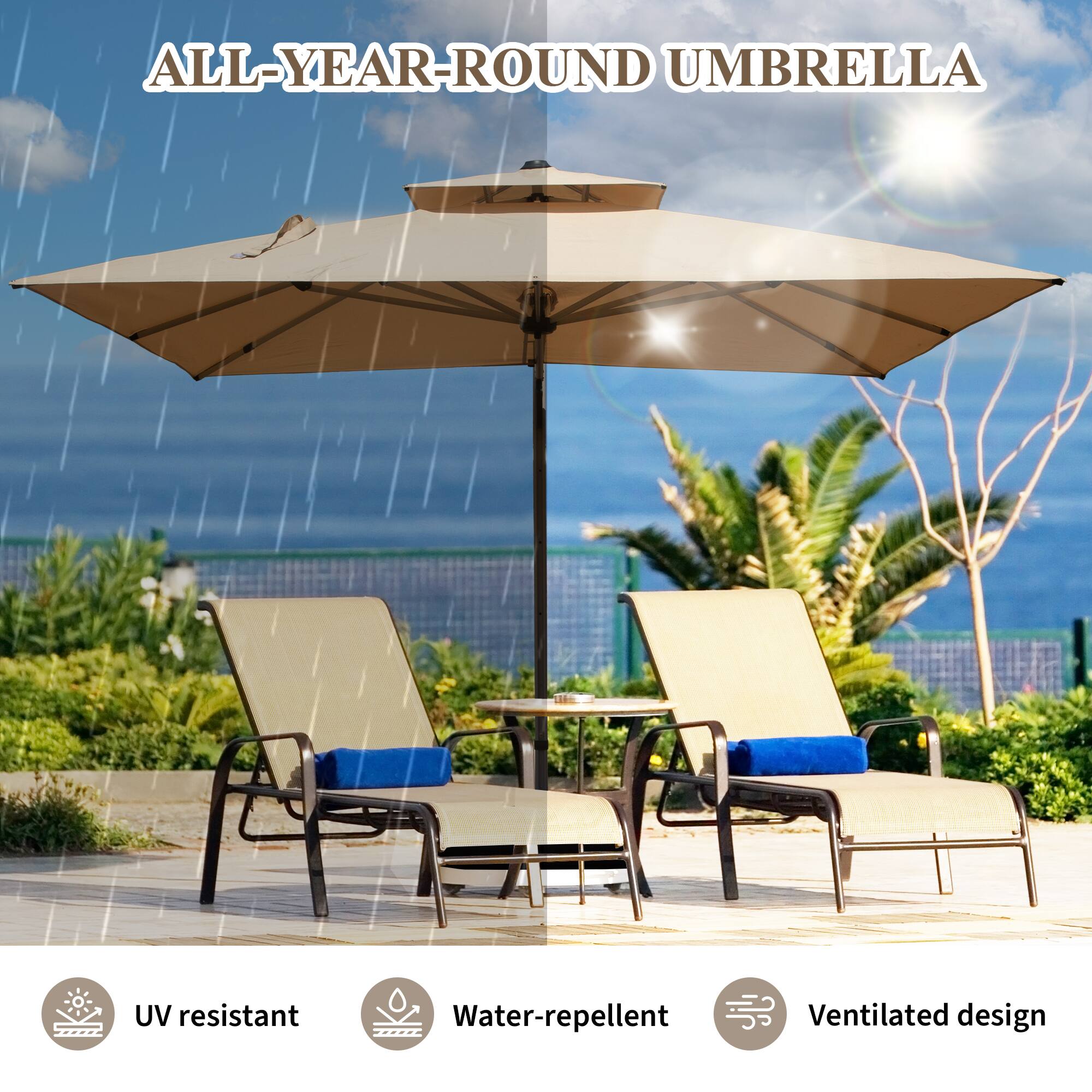 ALL-YEAR-ROUND UMBRELLA

- UV resistant
- Water-repellent
- Ventilated design