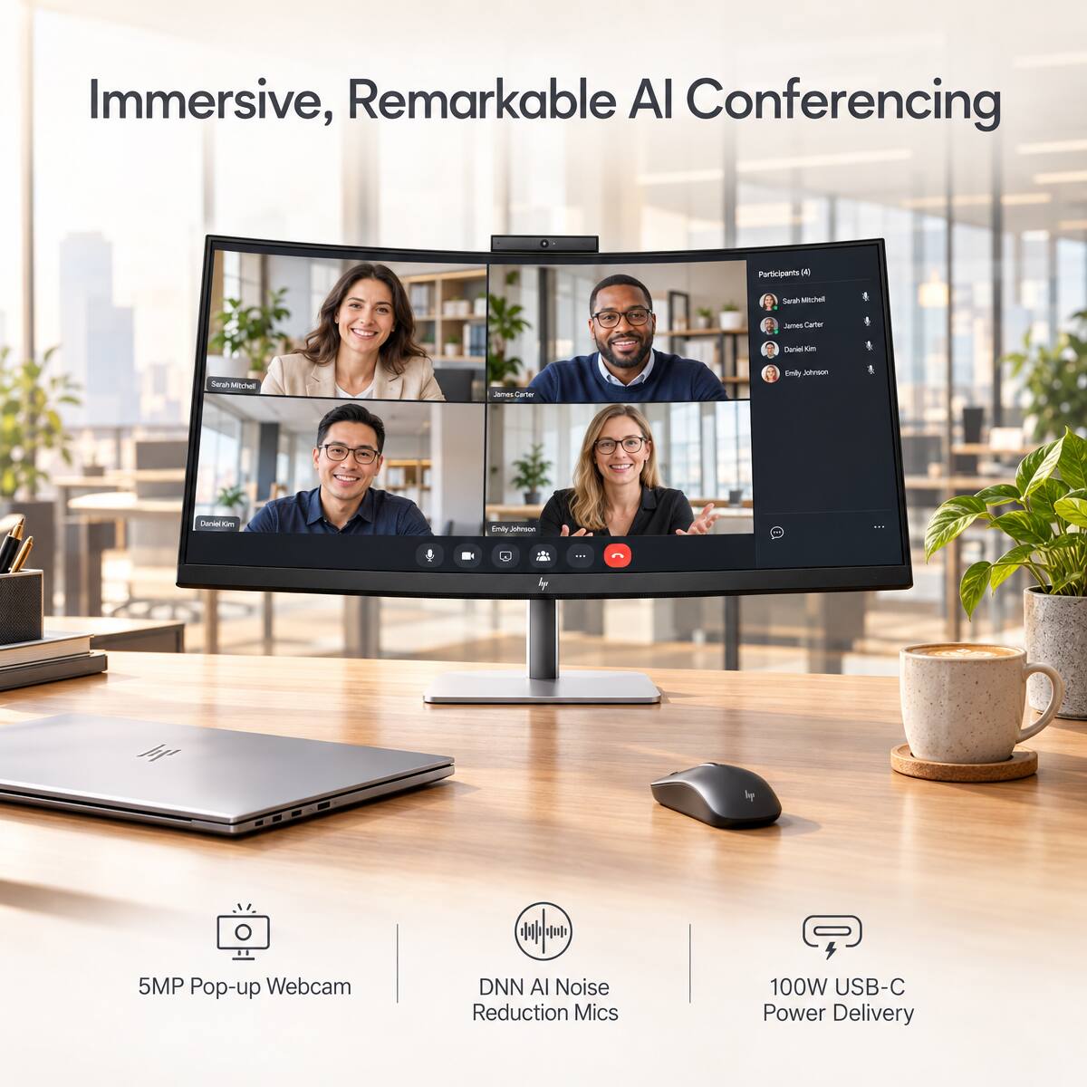 Immersive, Remarkable AI Conferencing

Participants 14
Sarah Mitchell
James Carter
Daniel Kim
Emily Johnson

5MP Pop-up Webcam
Hyfie DNN AI Noise Reduction Mics
100W USB-C Power Delivery