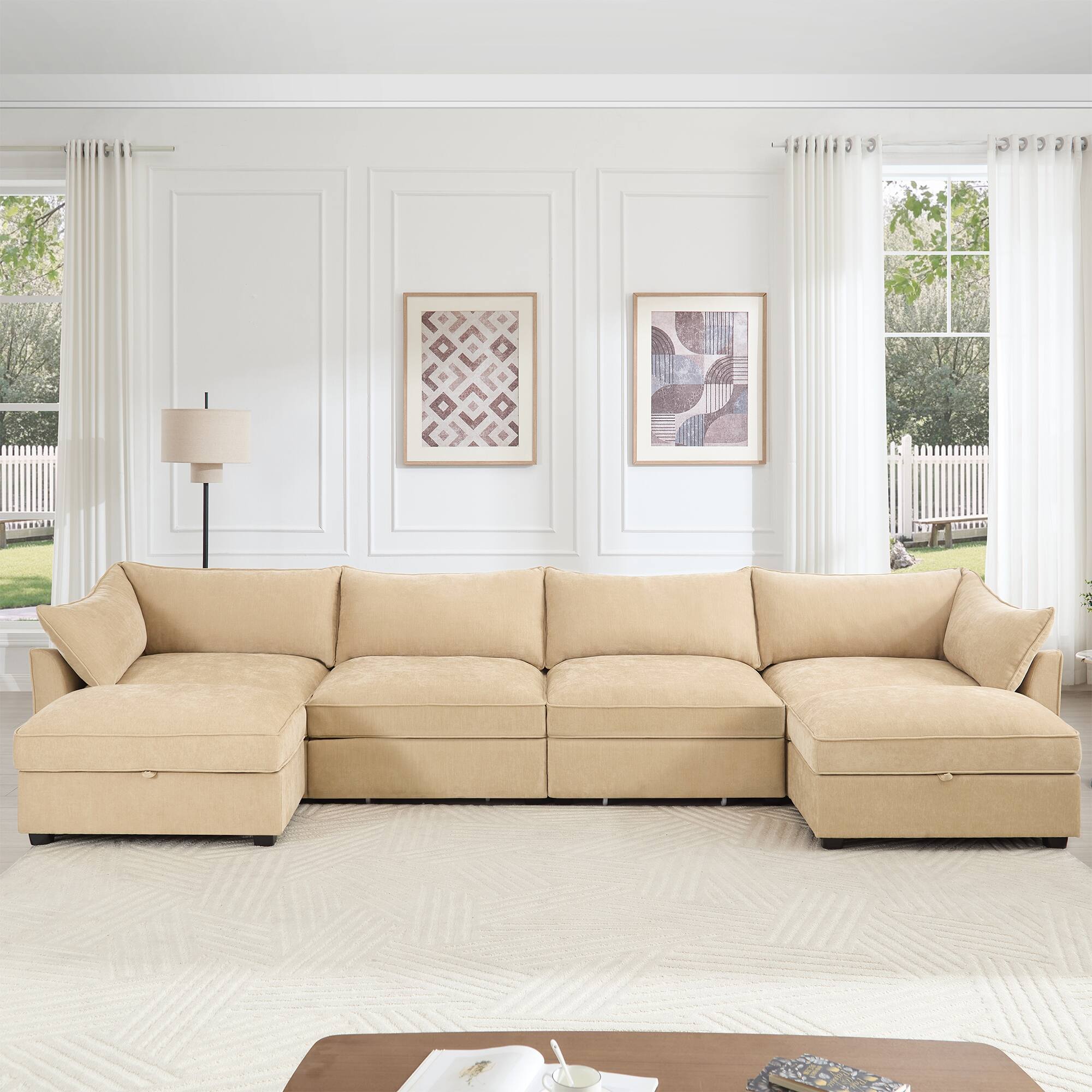 Aukfa - U-Shaped 4-Seater Deep Seat Sofa with 2 Ottomans - 6-Seat Modular Sectional with Pull-Out Storage Drawers - Hazelwood