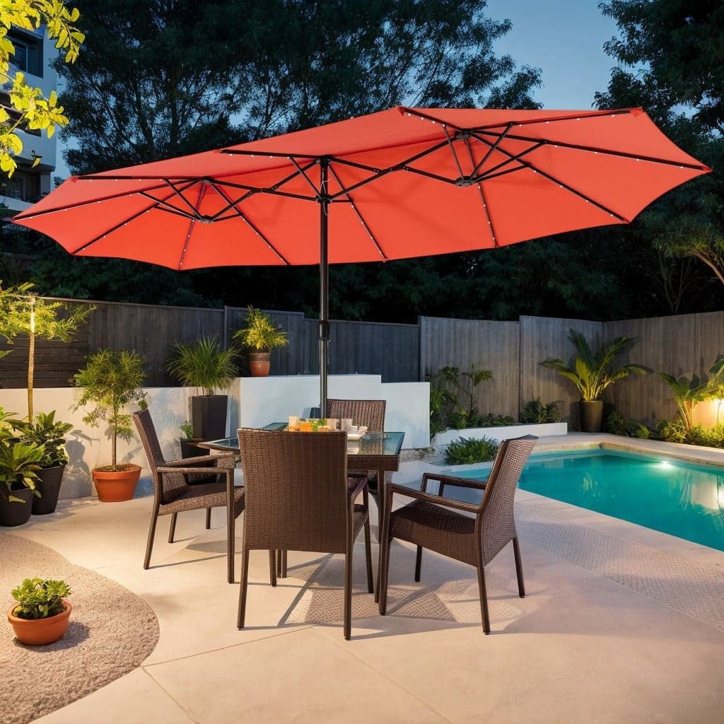 Kadyn - 15 Feet Twin Patio Umbrella with 48 Solar LED Lights Outdoor Table Umbrella Yard Umbrella Outdoor Patio Umbrellas - Orange
