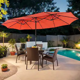 Kadyn - 15 Feet Twin Patio Umbrella with 48 Solar LED Lights Outdoor Table Umbrella Yard Umbrella Outdoor Patio Umbrellas - Orange