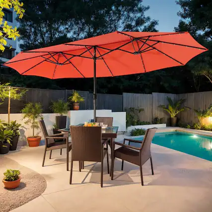 Front. Kadyn - 15 Feet Twin Patio Umbrella with 48 Solar LED Lights Orange Outdoor Table Umbrella Yard Umbrella Outdoor Patio Umbrellas - Orange.
