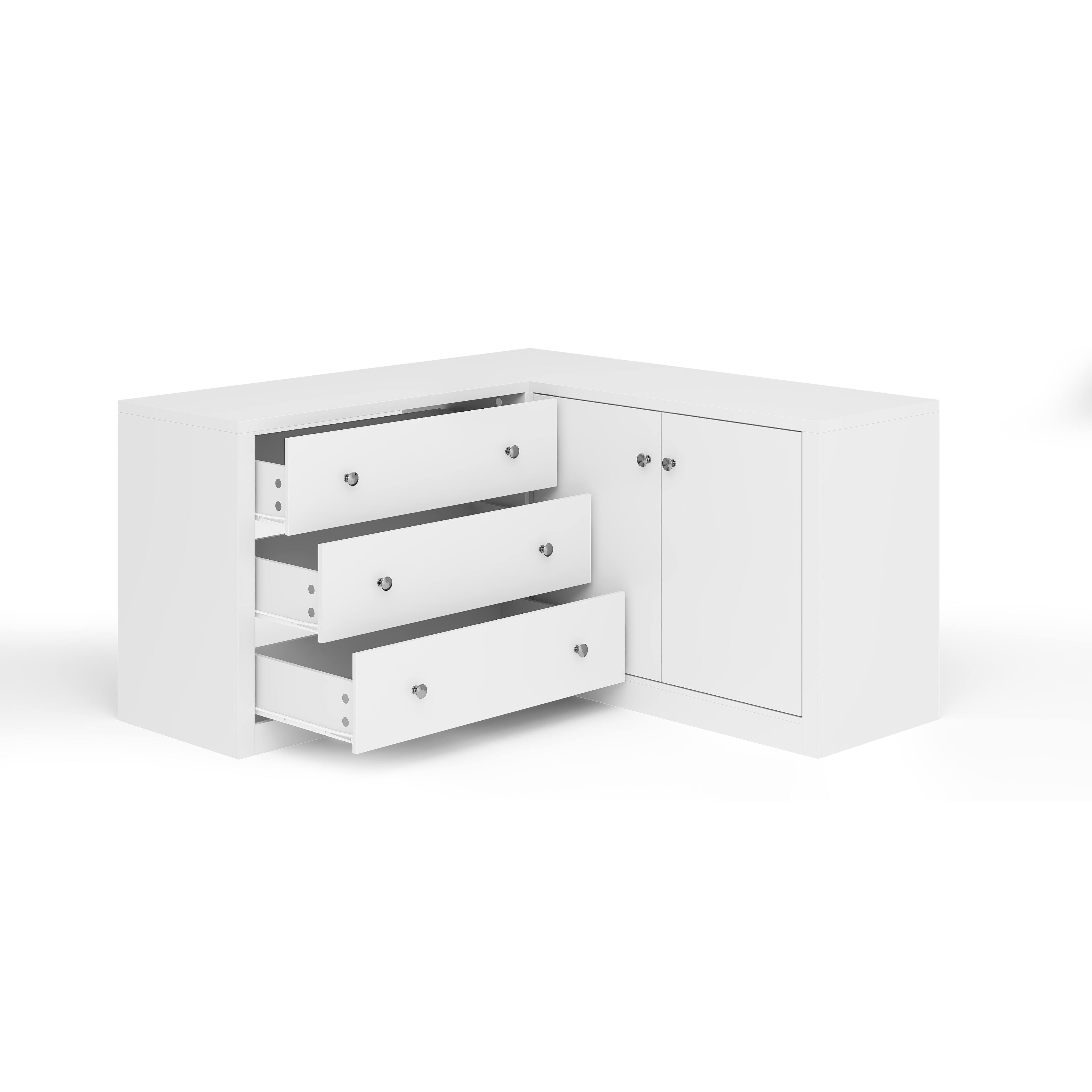 Left. Famapy - L-Shaped Corner Dresser with 3 Drawers & 2-Door Cabinet, Space-Saving Storage Organizer for Bedroom - White.