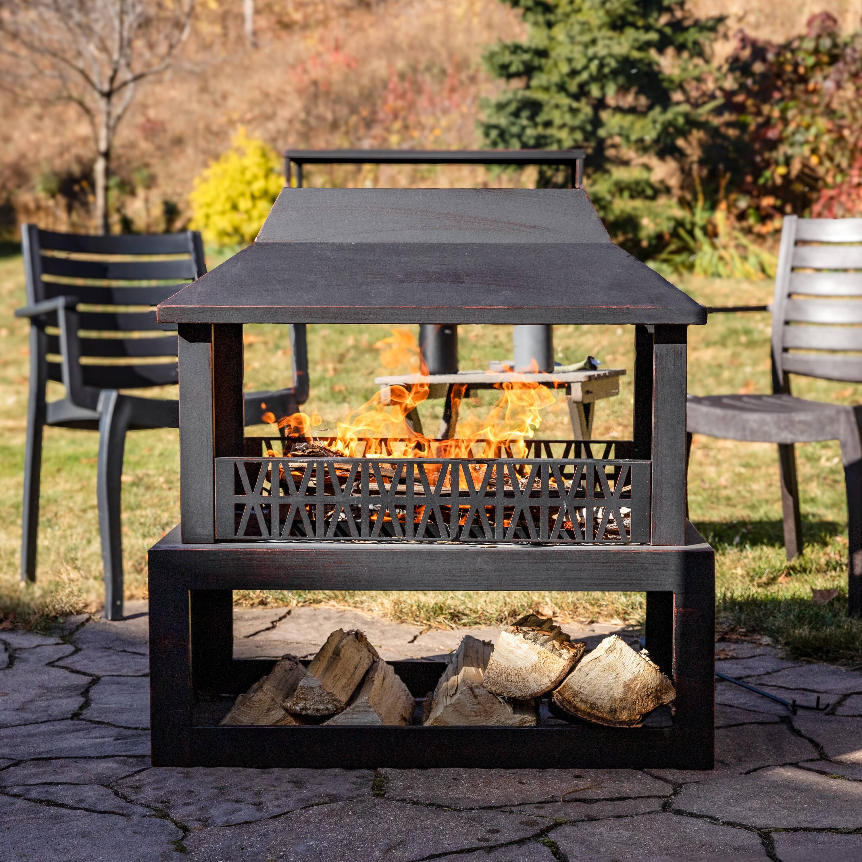 Sunnydaze - 32 in Steel Outdoor Fireplace with Log Storage - Bronze - Thumbnail 5