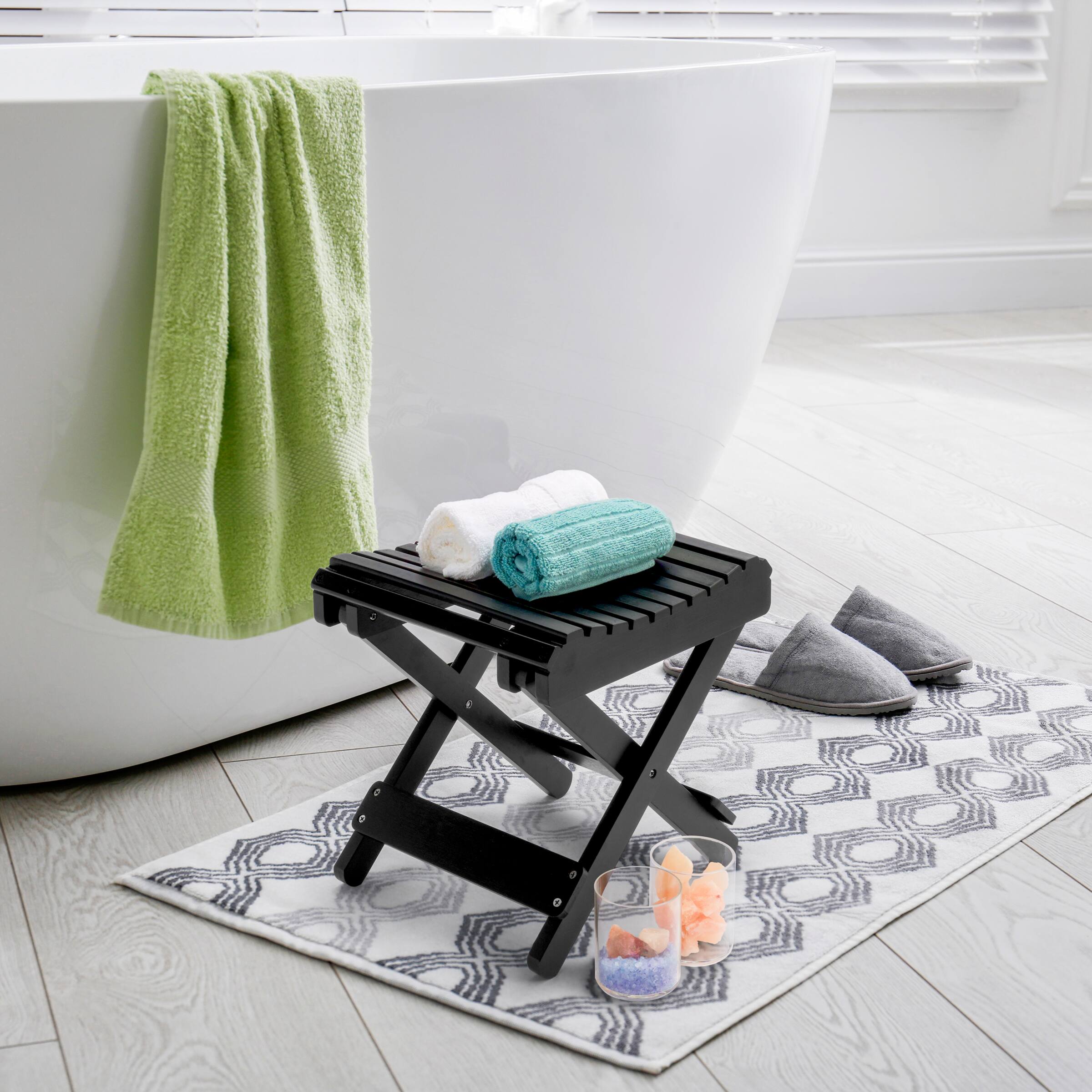 Angle. Sorbus - Sorbus Foldable Shower Stool, Bamboo Foot Rest & Shaving Stool for Inside Shower, Portable Step Stool, Folding Bench - Black.