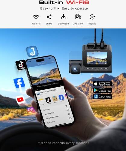 Built-in Wi-Fi 6  
Easy to link, Easy to operate  

Wi-Fi  
Share  
Download  
Live View  
Replay  

Share Video  
Download - the App Store  
GET ON Google Play  

Jzones  
Save Video  
Quick Note  
New Shared Album  

*Jzones records every moment