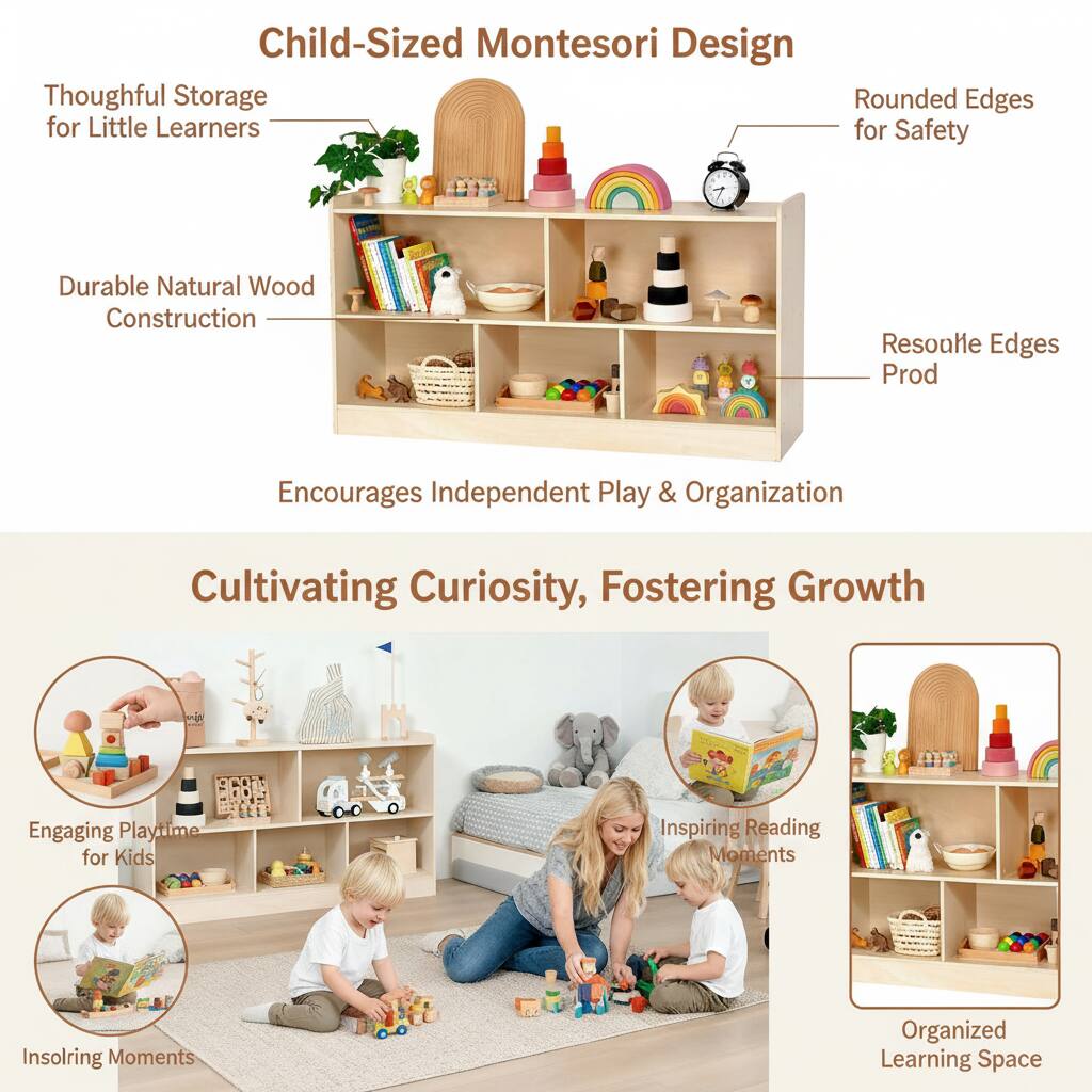 Child-Sized Montessori Design  
Thoughtful Storage for Little Learners  
Rounded Edges for Safety  
Durable Natural Wood Construction  
Encourages Independent Play & Organization  
Cultivating Curiosity, Fostering Growth  
Engaging Playtime for Kids  
Inspiring Reading Moments  
Organized Learning Space