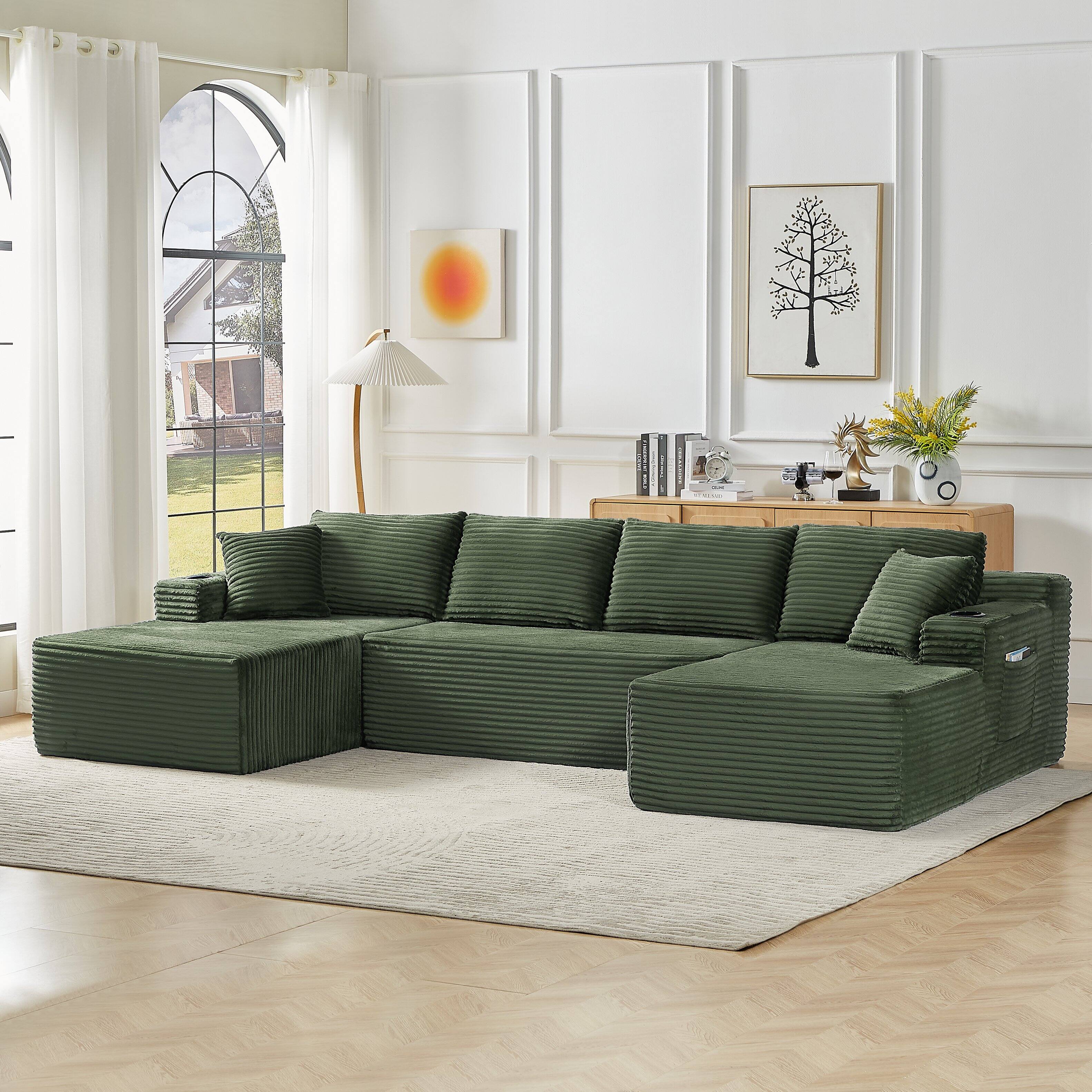 Angle. Aukfa - U-Shaped Sectional Sofa Set - Minimalist Modular Design, Corduroy Cloud Couch for Living Room - Green.