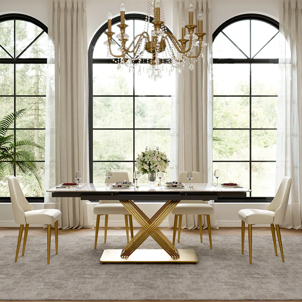 Left. POVISON - 55"-79" Modern Luxury Extendable Dining Table for 4-6, White Glossy Sintered Stone Top with Titanium Gold X-Base - White.