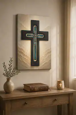 FC Design - Large Radiant Blue Cross Canvas Print 24x36"-Ready-to-Hang Modern Christian Prayer Room Art Painting Home Wall Décor - MultiColor