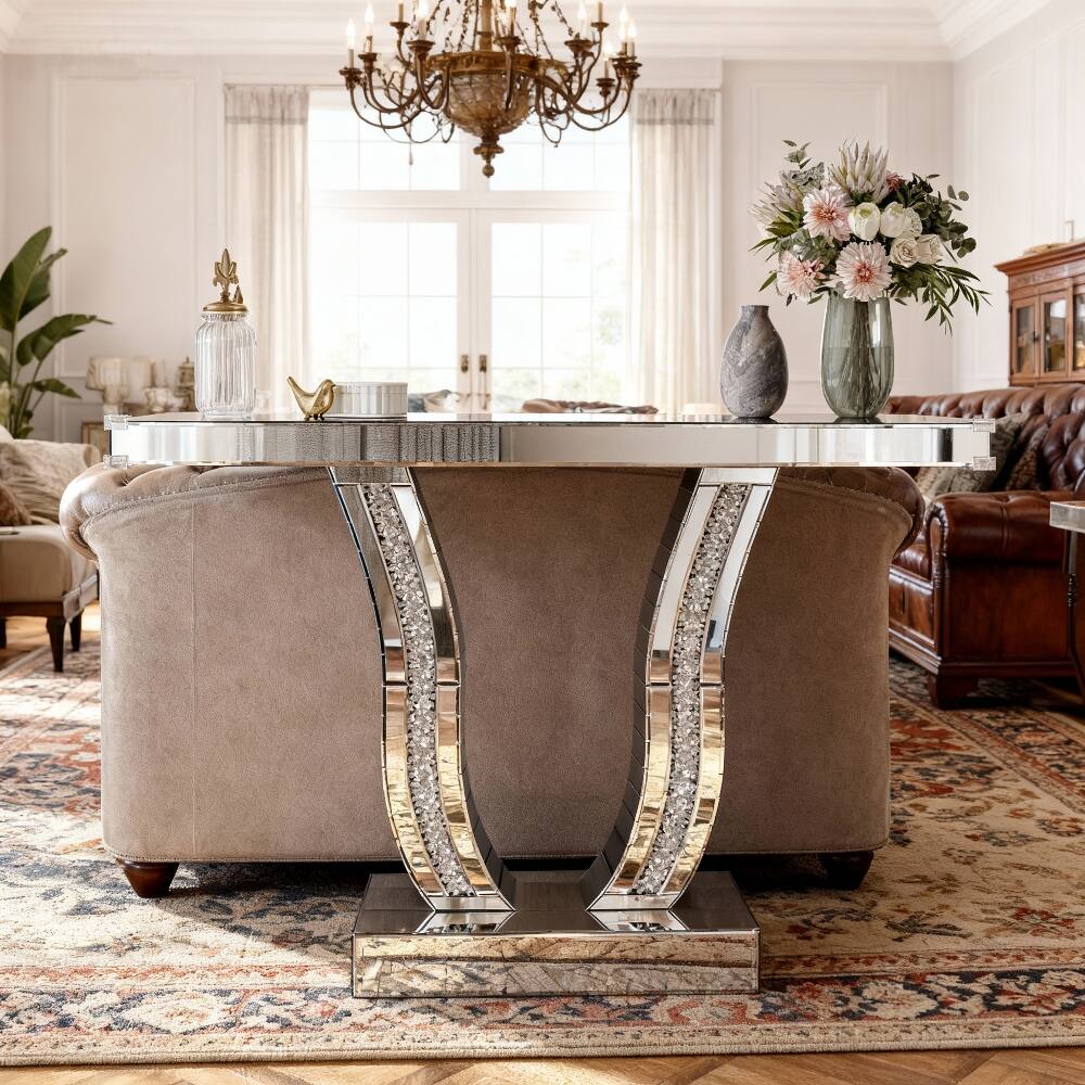 Alt View 2. Loheer - Loheer 43 inch mirrored console table, silver glam entryway table with glass top - Silver.