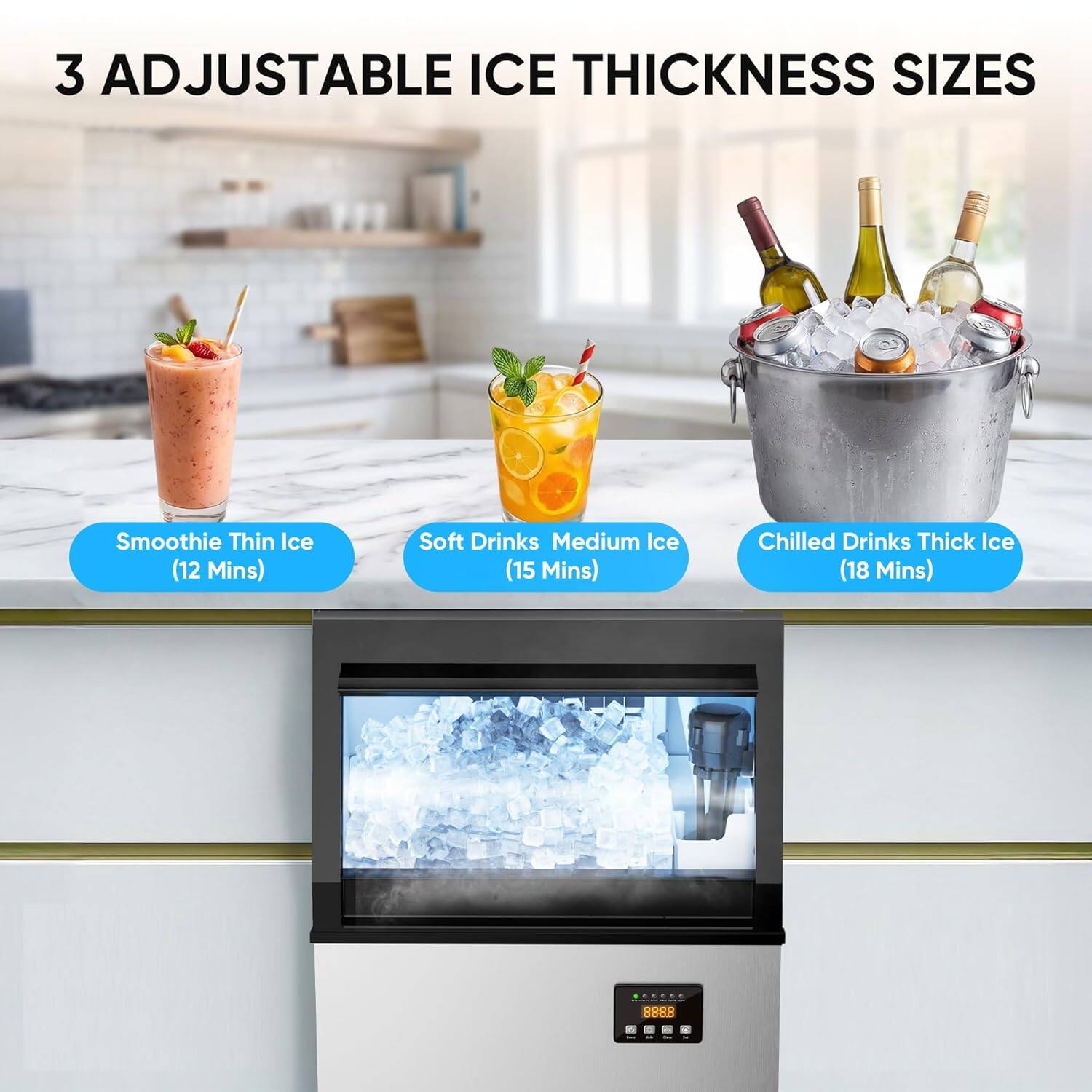 3 Adjustable Ice Thickness Sizes

- Smoothie Thin Ice (12 Mins)
- Soft Drinks Medium Ice (15 Mins)
- Chilled Drinks Thick Ice (18 Mins)