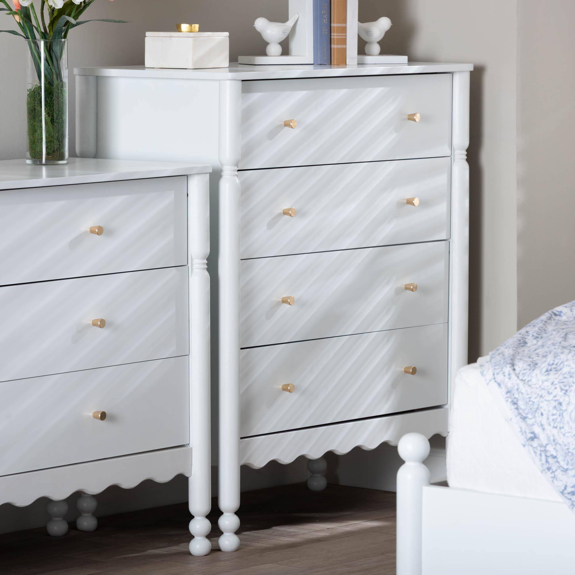 Alt View 5. Baxton Studio - Hoffman Chest - 4-Drawer Vertical Storage Cabinet with Scalloped Apron and Turned Legs for Bedroom - White.