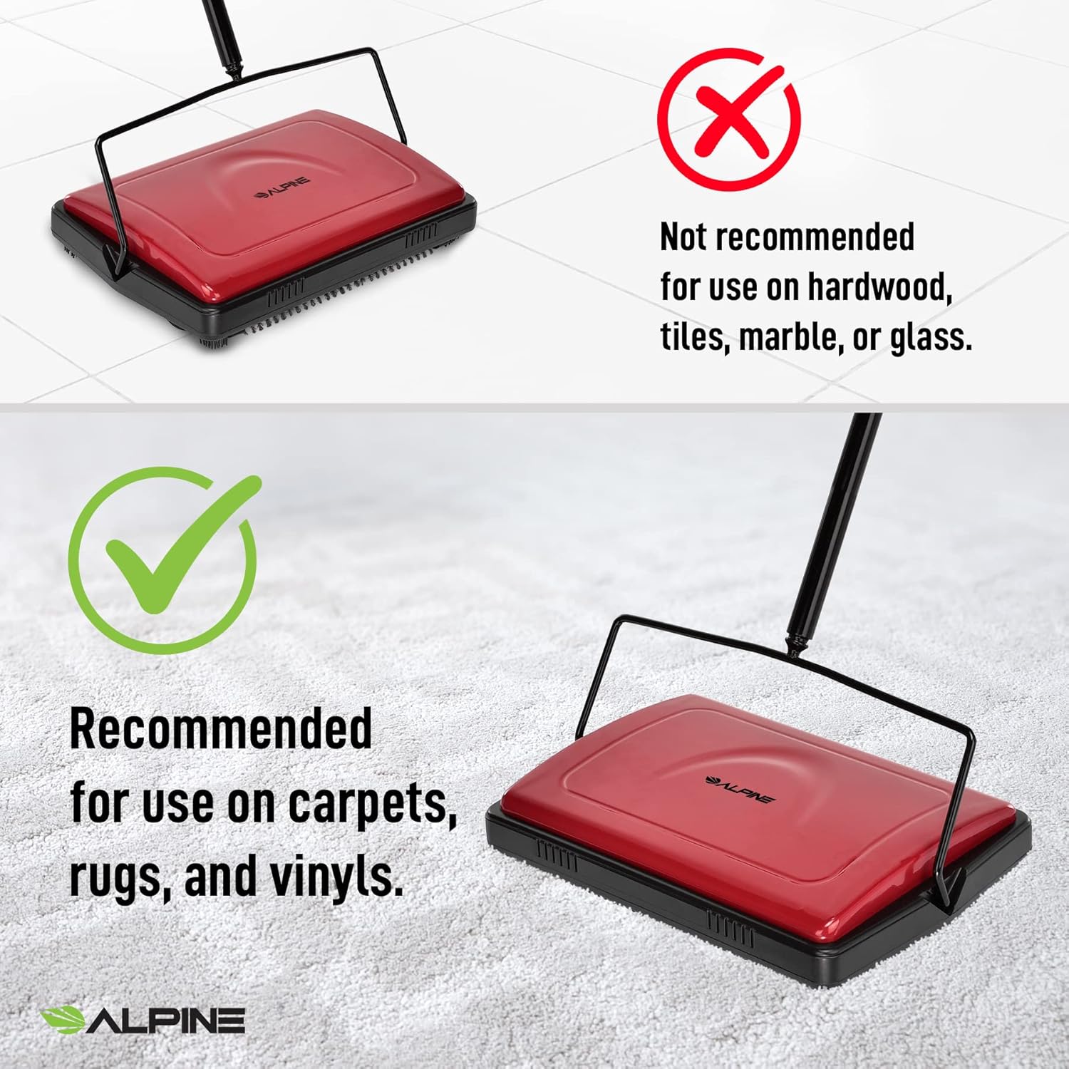 Not recommended for use on hardwood, tiles, marble, or glass. Recommended for use on carpets, rugs, and vinyls. ALPINE