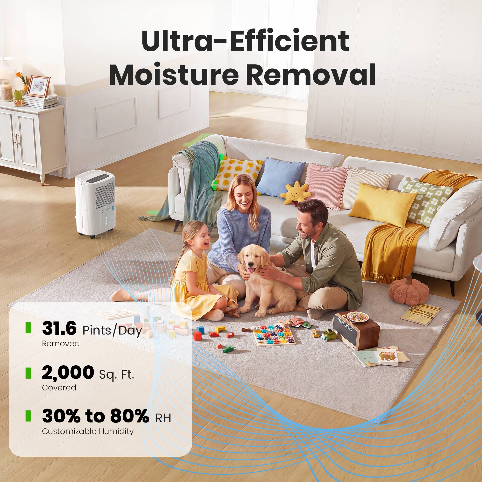 Ultra-Efficient Moisture Removal

31.6 Pints/Day Removed
2,000 Sq. Ft. Covered
30% to 80% RH Customizable Humidity