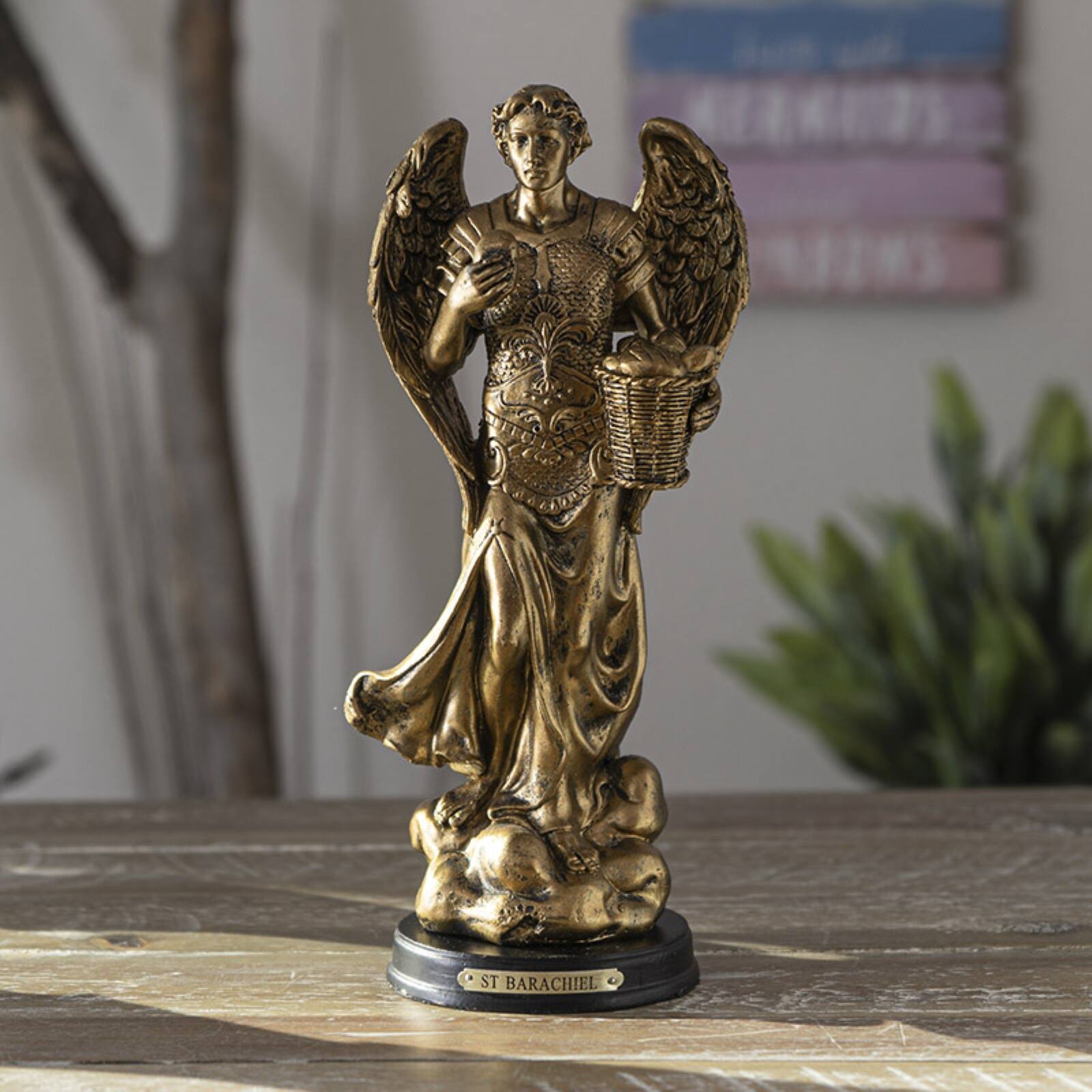 Alt View 2. Pacific Trading - St. Barachiel Archangel Blessings from God Figurine 8 Inch Tall Wooden Base with Brass Name Plate - Bronze.