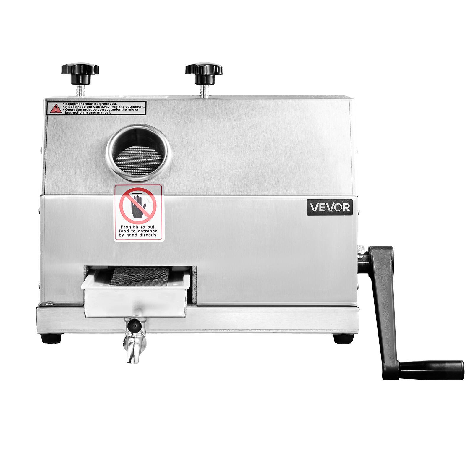 - arumed.
- C.
- - - .. - - - Oogrersion : -  -  - :  - - CANE VEVOR Prohibit - pull food - entrance bV hand directly.

Corrected text from the image:

- Please keep this kid away from the equipment.
- Instruction in user manual.
- Prohibit to pull food to entrance by hand directly.
- VEVOR