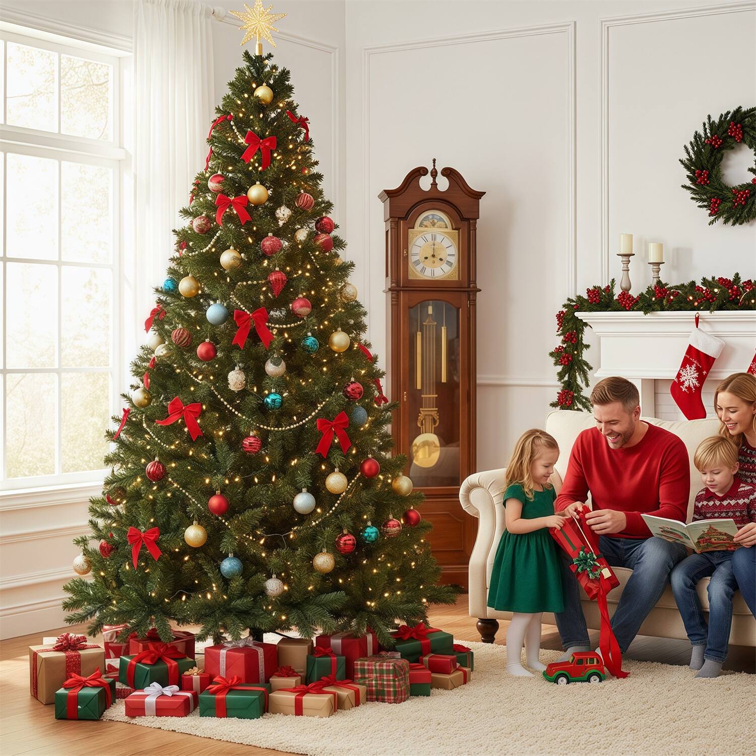 Left. Sweet - 7.5ft Prelit Premium Artificial Classic Spruce Christmas Tree with Pre-lit Warm White Lights and Foldable Stand - Green.