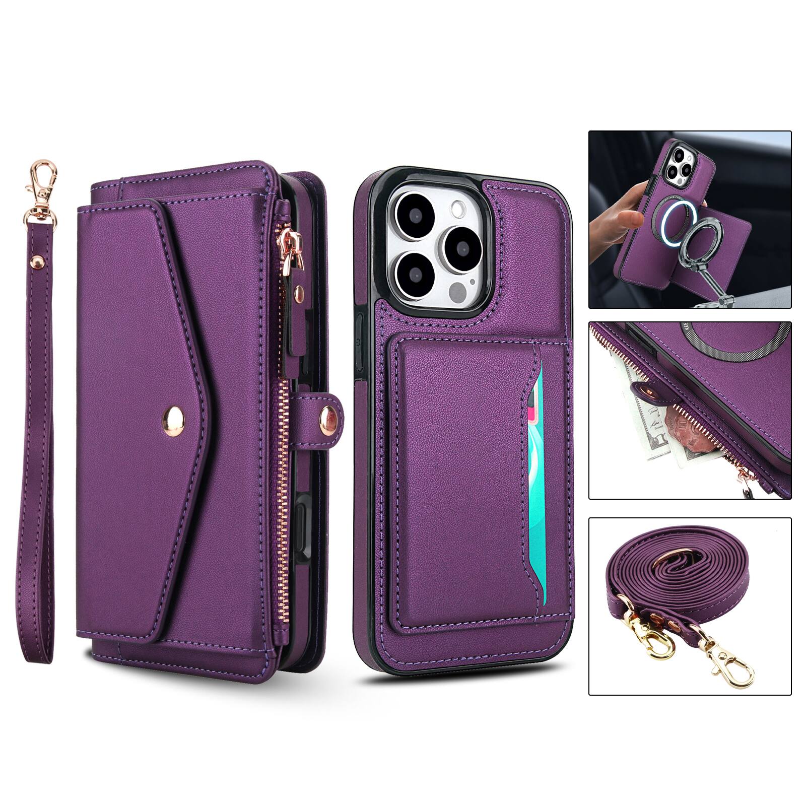 Alt View 1. Dteck - Crossbody RFID Blocking Zipper Wallet Card For iPhone 16 Pro Handbag Magnetic Kickstand Wrist Strap Case - Purple.