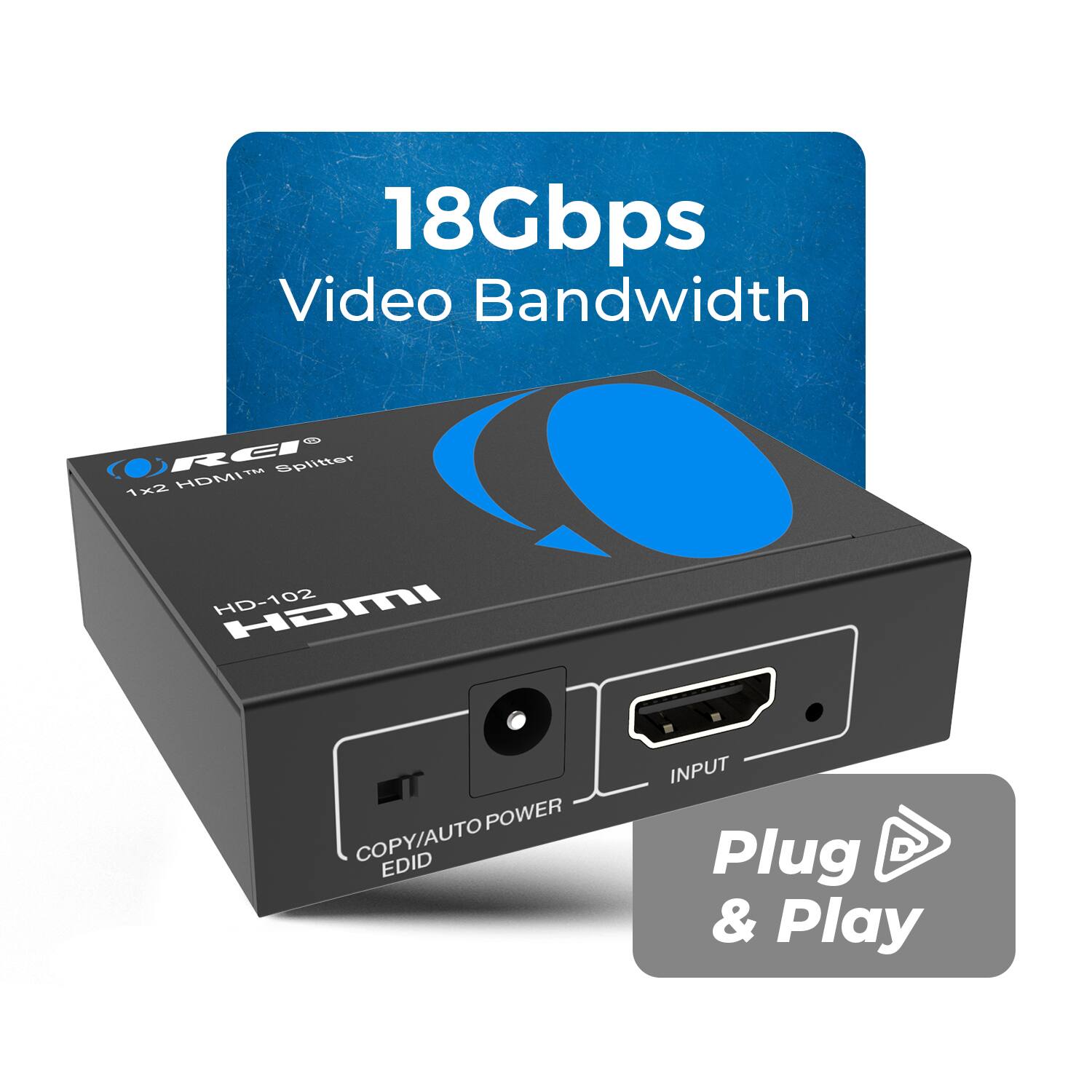 18Gbps Video Bandwidth REI splitter 1x2 HDMI HD-102 COPY/AUTO POWER EDID INPUT Plug & Play