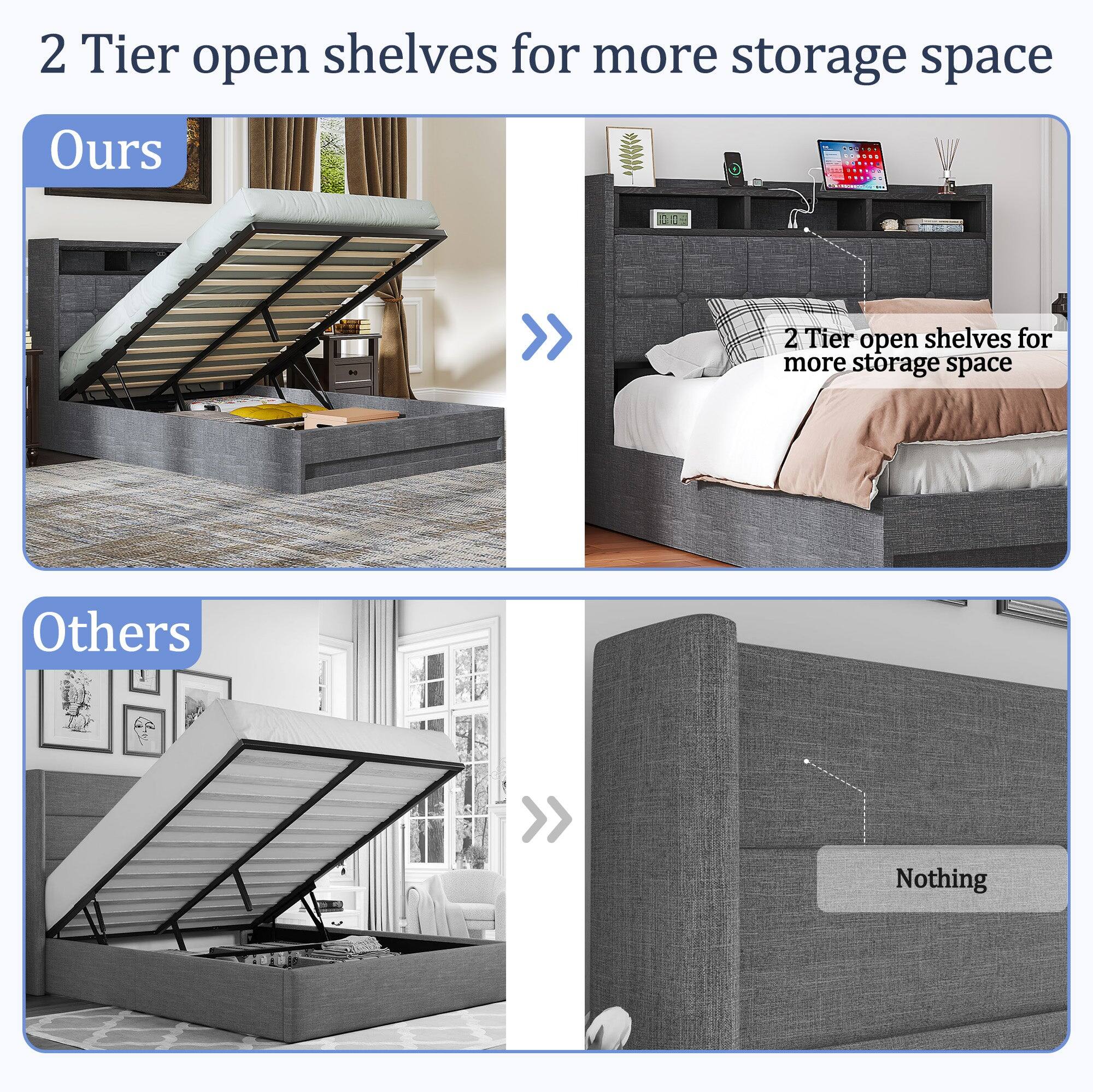 2 Tier open shelves for more storage space

**Ours**
- 2 Tier open shelves for more storage space

**Others**
- Nothing