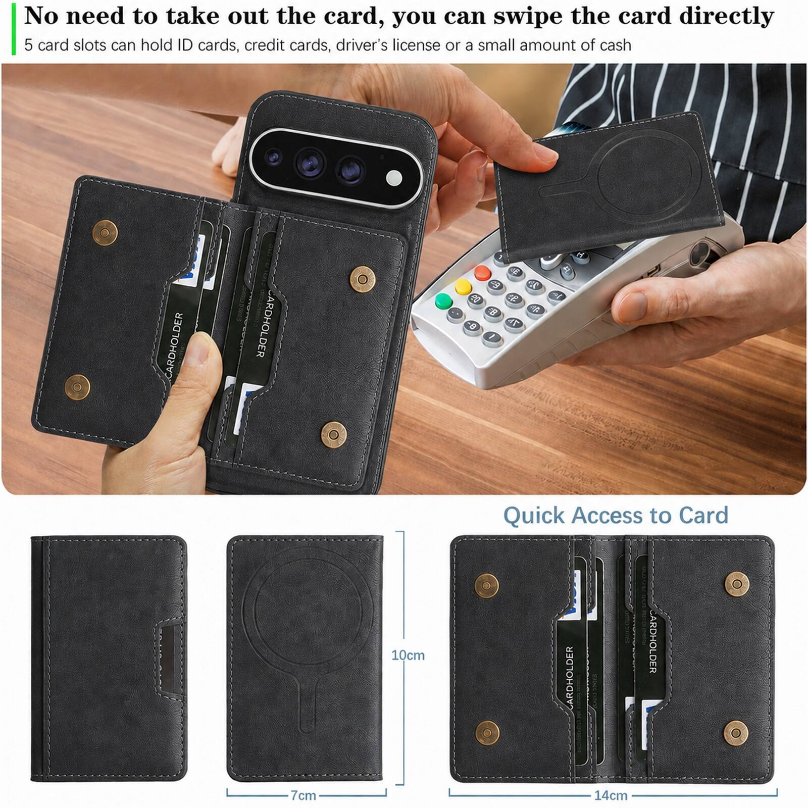 No need to take out the card, you can swipe the card directly  
5 card slots can hold ID cards, credit cards, driver's license or a small amount of cash

CARDHOLDER  
CARDHOLDER

E 49 23 De g. 8 - 7h 1

H

10cm  
Quick Access to Card  
CARDHOLDER CARDHOLDER  
7cm  
14cm