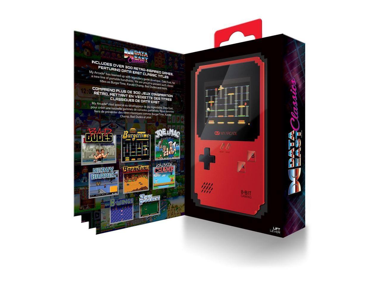DATA EAST Classics

INCLUDES OVER 300 RETRO-INSPIRED GAMES FEATURING DATA EAST CLASSIC TITLES

My Arcade has teamed up with legendary game developer Data East for a new line of portable handhelds. We are proud to present classic titles as Burger Time, Karate Champ, Bad Dudes and much more.

COMPREND PLUS DE 300 JEUX METTANT EN VÉDETTE DES TITRES CLASSIQUES DE DATA EAST

My Arcade s'est associé au développeur de jeux légendaire Data East pour créer une nouvelle gamme de consoles portatives. Nous sommes fiers de présenter des titres classiques comme Burger Time, Karate Champ, Bad Dudes et plus.

- BAD DUDES
- JOE & MAC
- HENRY BOYRREL
- BREAKTHRU
- KARATE CHAMP
- SIDE POCKET

8-BIT GAMING Classics

LIFT LEVER
